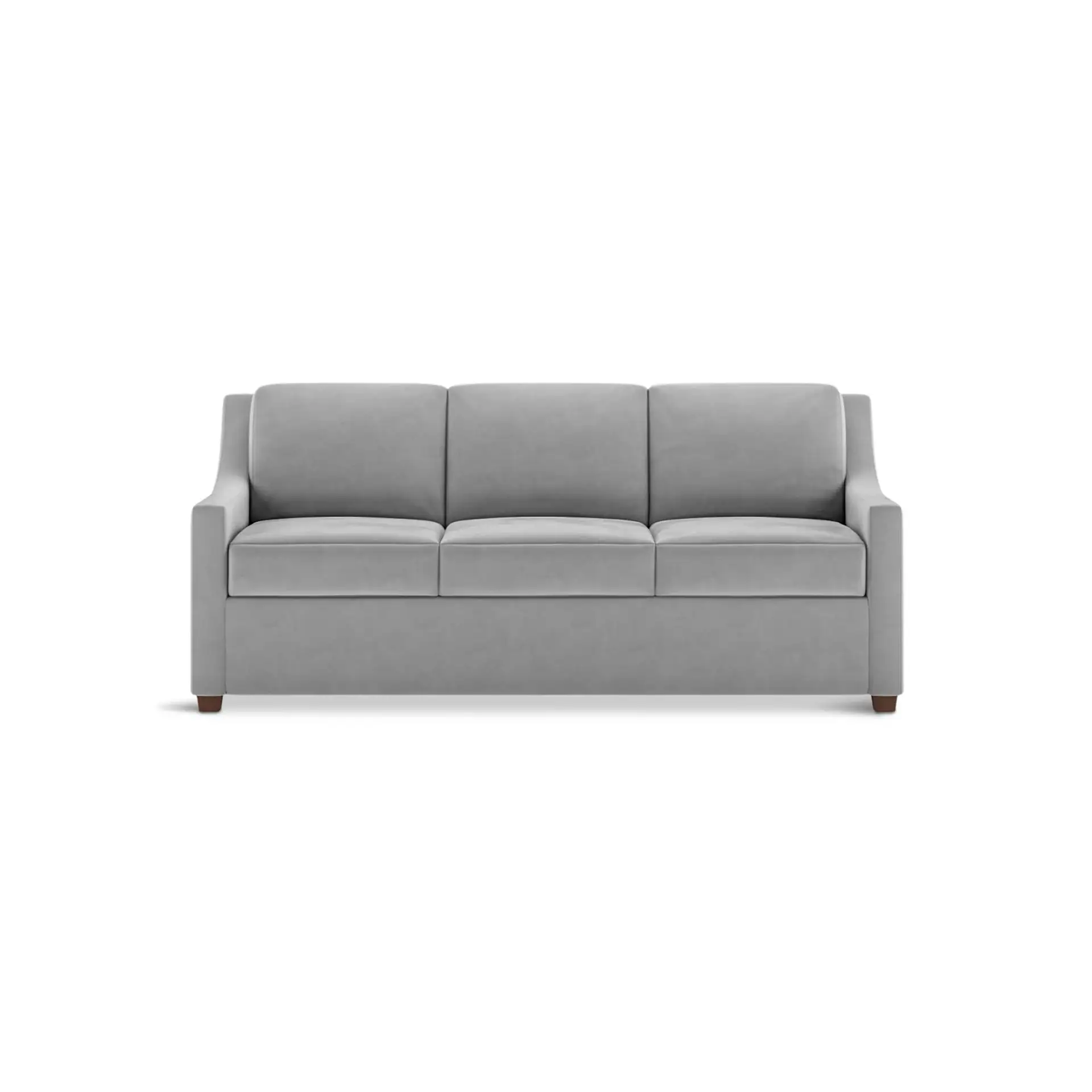A light gray three-seater sofa with a skirted base and small wooden legs, set against a white background.