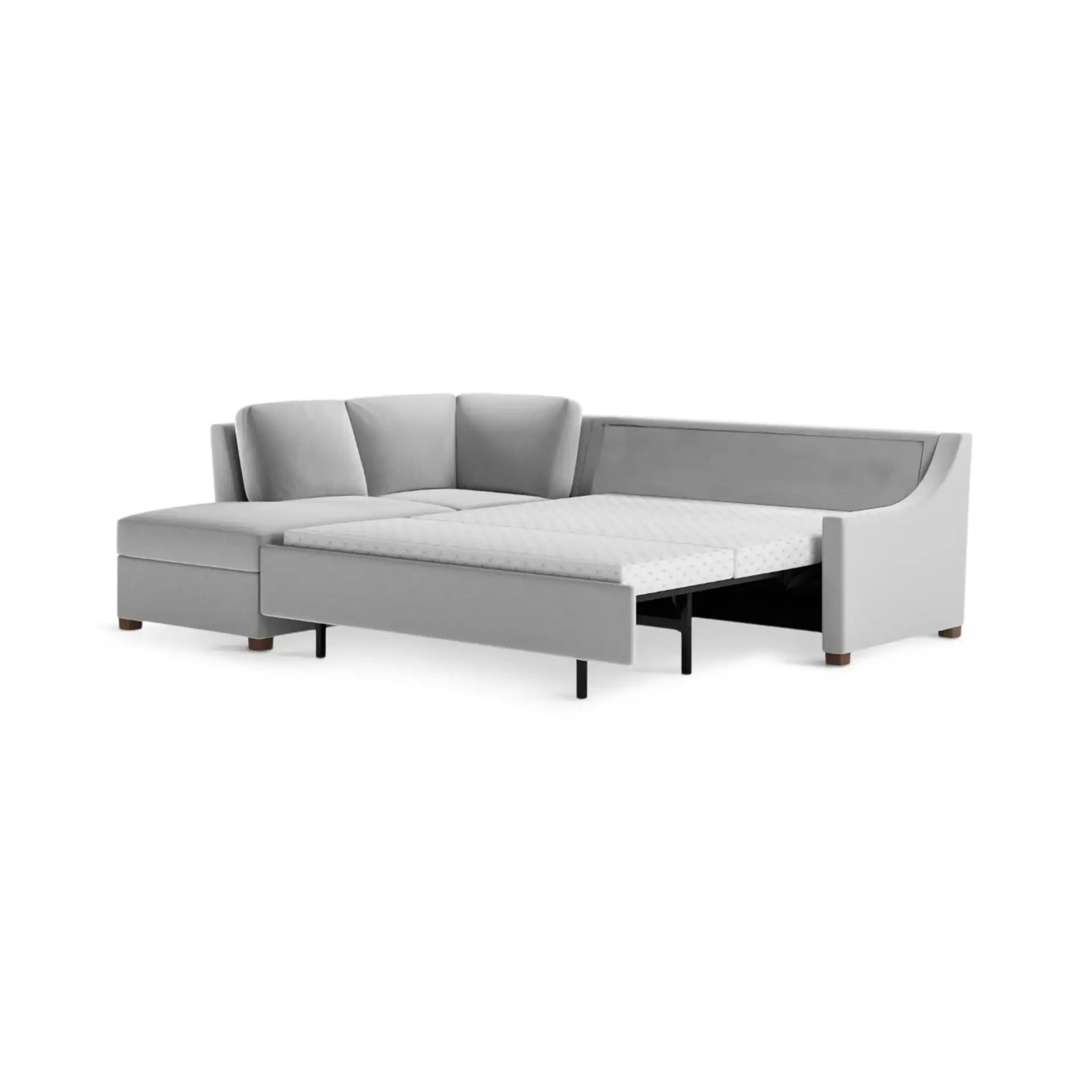 Light gray L-shaped sectional sofa with a chaise lounge, converted into a sofa bed with a white mattress pulled out.