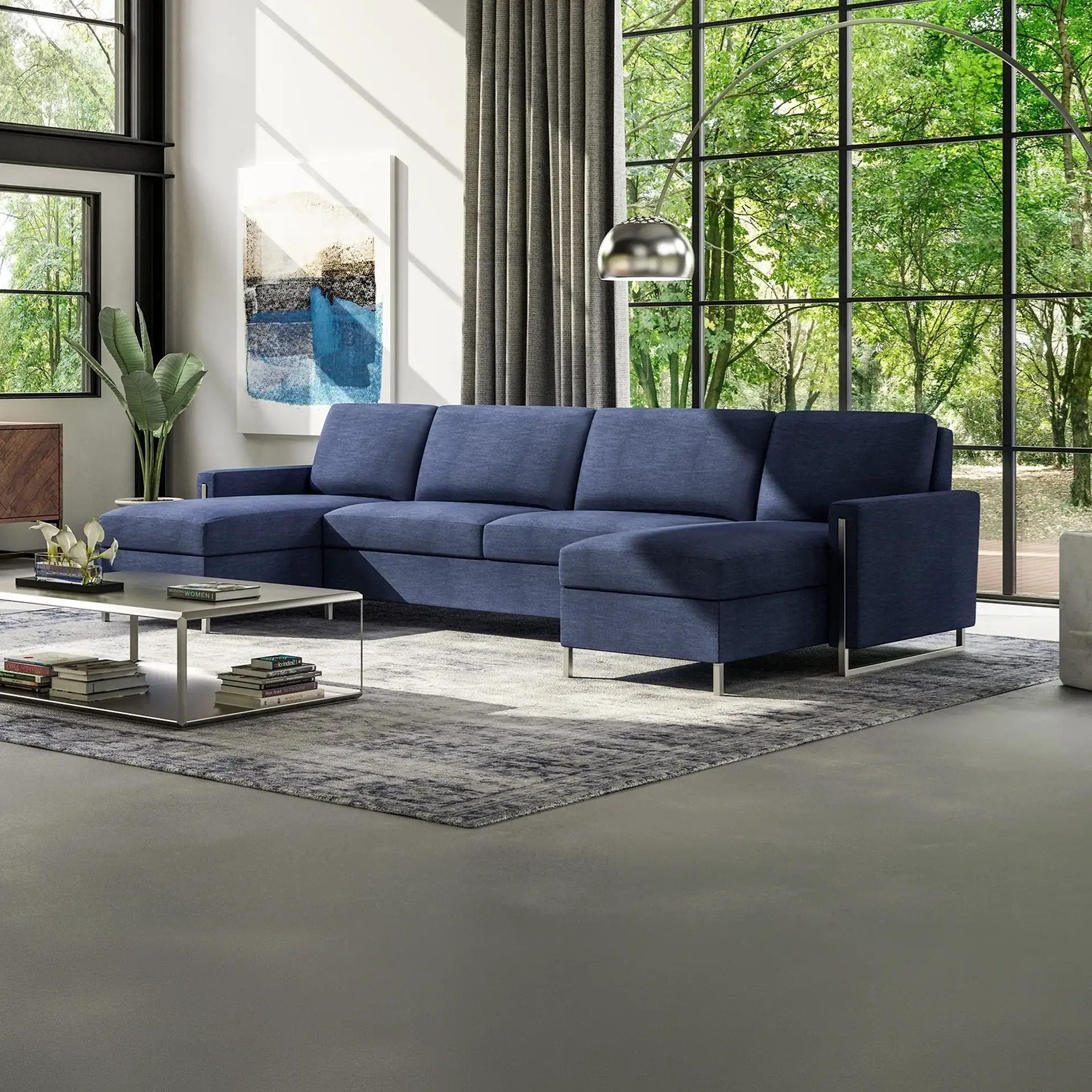 Sklar Furnishings Sulley Comfort Sleeper Sofa in blue in a modern living room.
