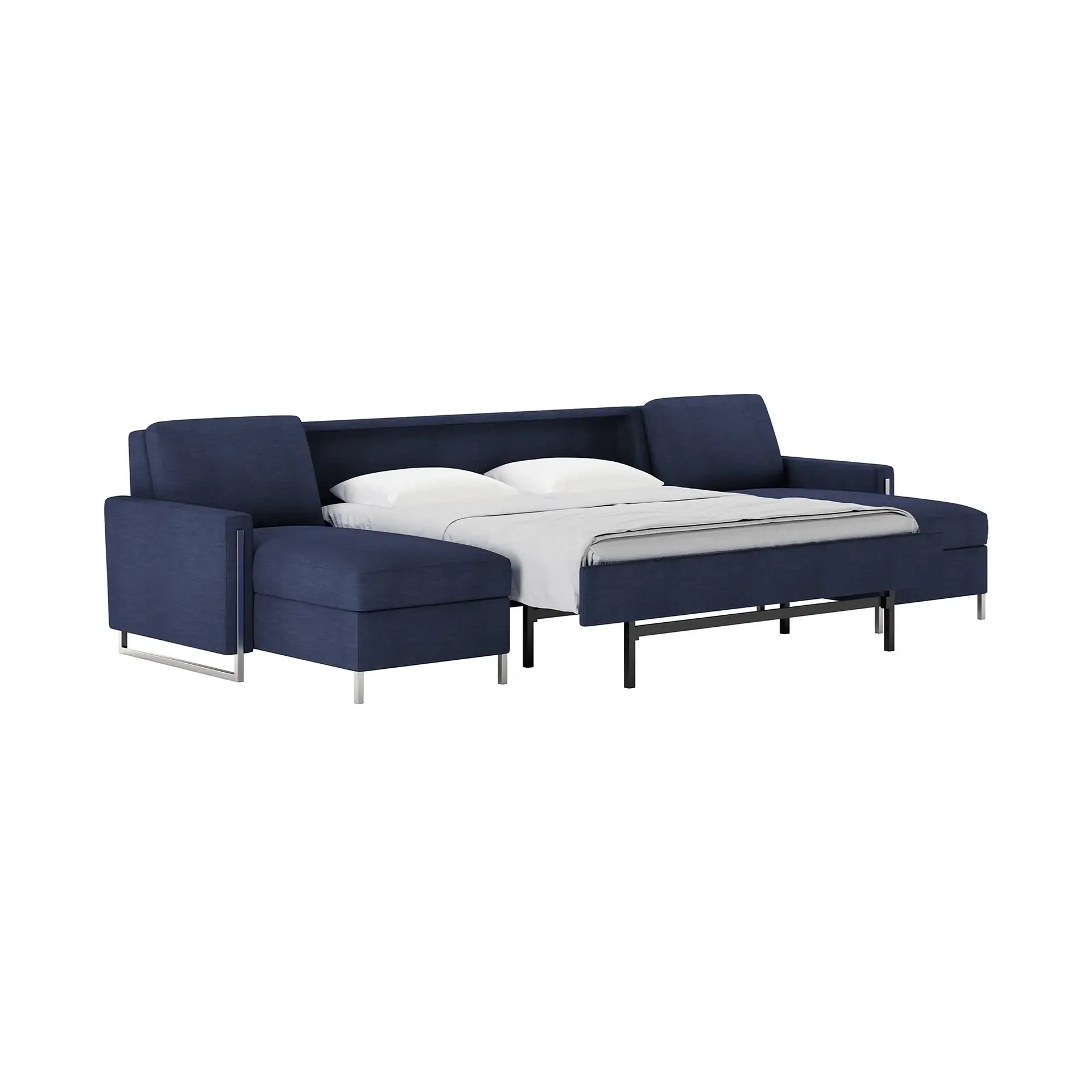 Sklar Furnishings Sulley Comfort Sleeper Sofa in navy blue with pillows.