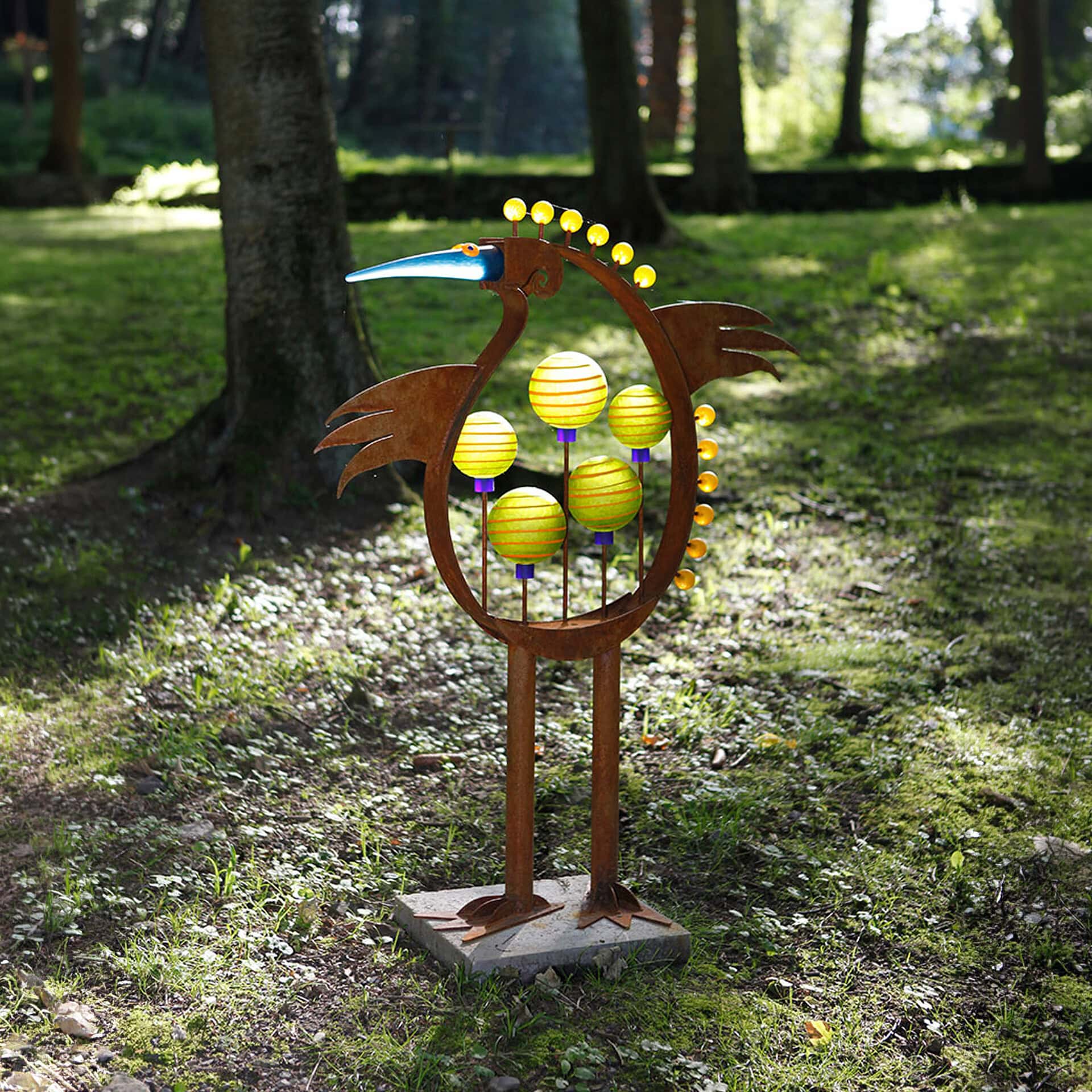 Whimsical metal bird sculpture featuring vibrant lanterns, perfect for garden or outdoor decor. Adds.