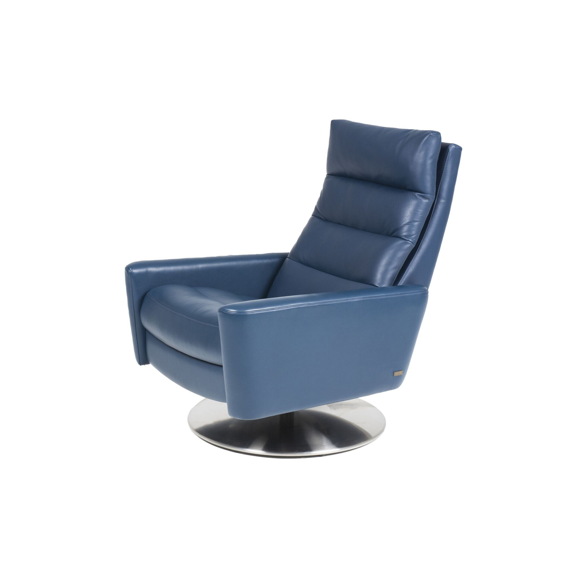 A deep blue leather recliner chair with a high, padded back and wide armrests, resting on a polished silver-toned circular swivel base, against a white background.