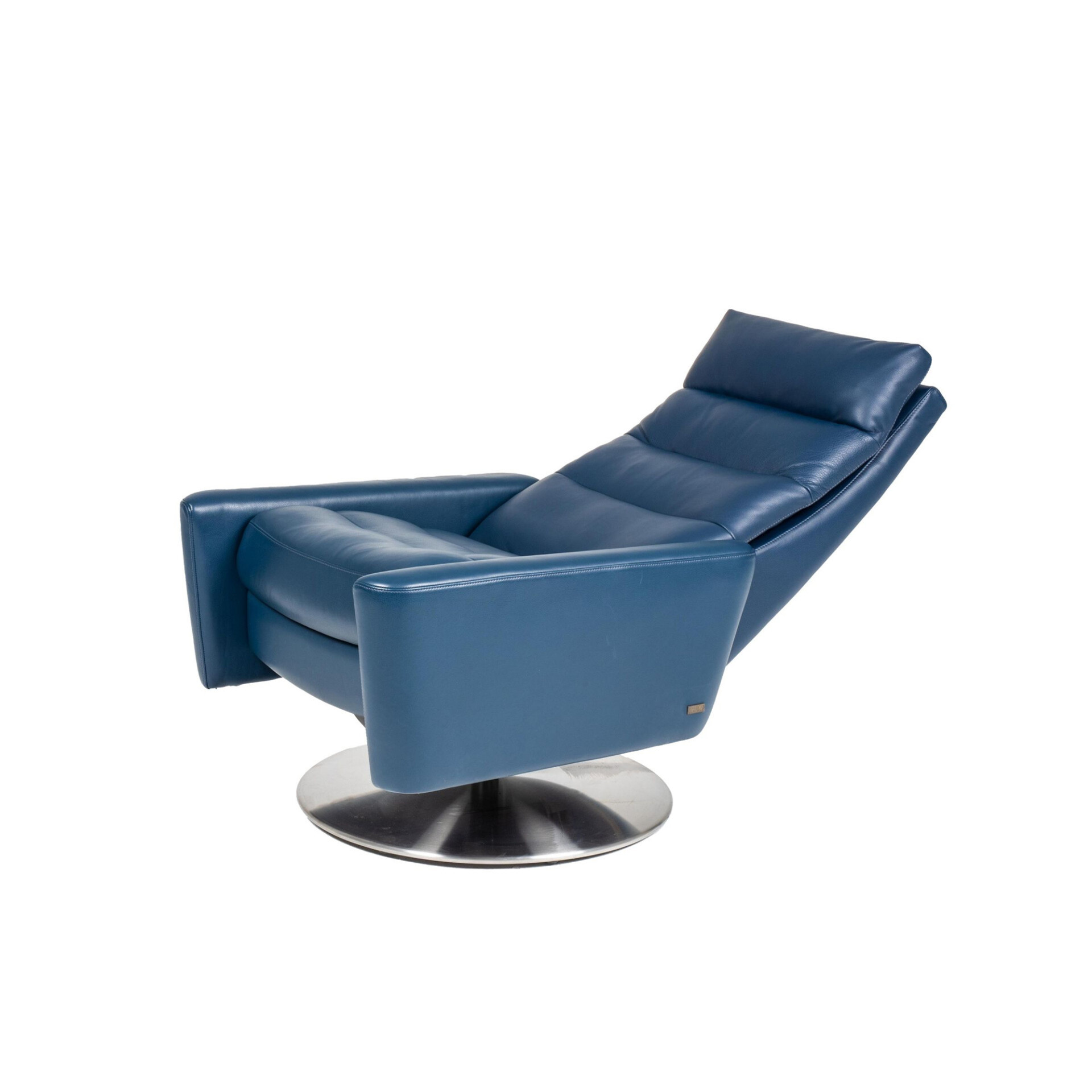 A deep blue leather recliner chair with a polished silver swivel base, shown in a reclined position against a white background.