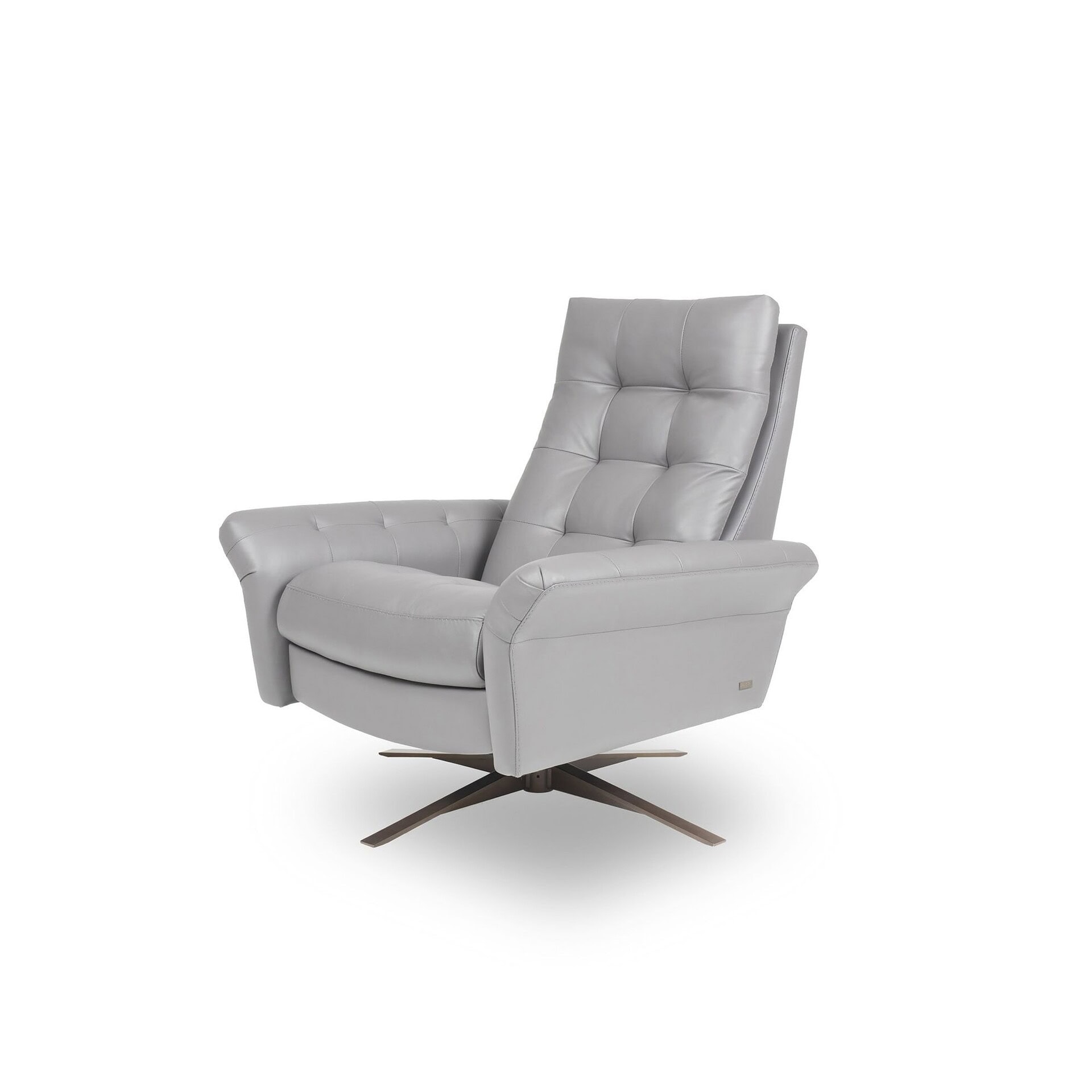 Pileus Comfort Air Chair in light grey leather, upright position with metal base.