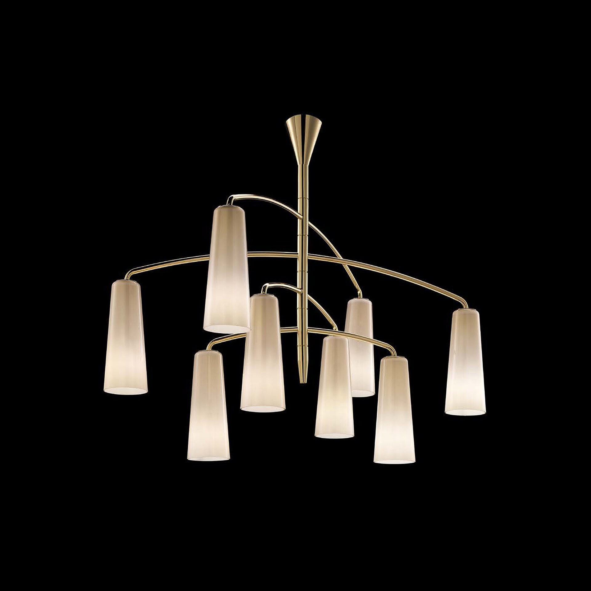 Stylish contemporary chandelier with nine frosted glass shades and sleek gold finish for luxurious interior decor.