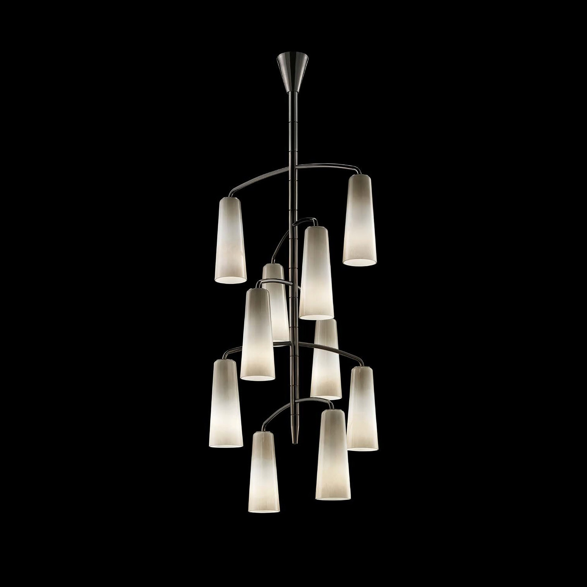 Chic contemporary chandelier featuring multiple glass shades and sleek metal finish, ideal for sophisticated interiors.