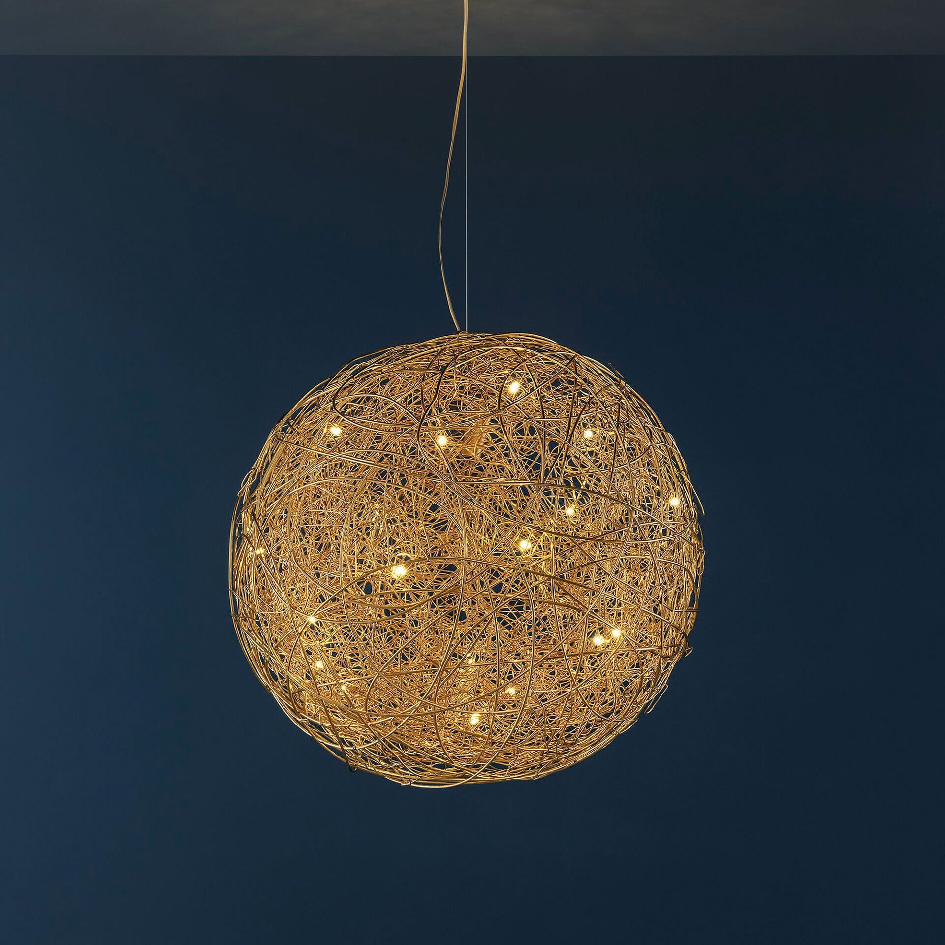 Pendant light fixture with woven rattan design and warm LED lights.