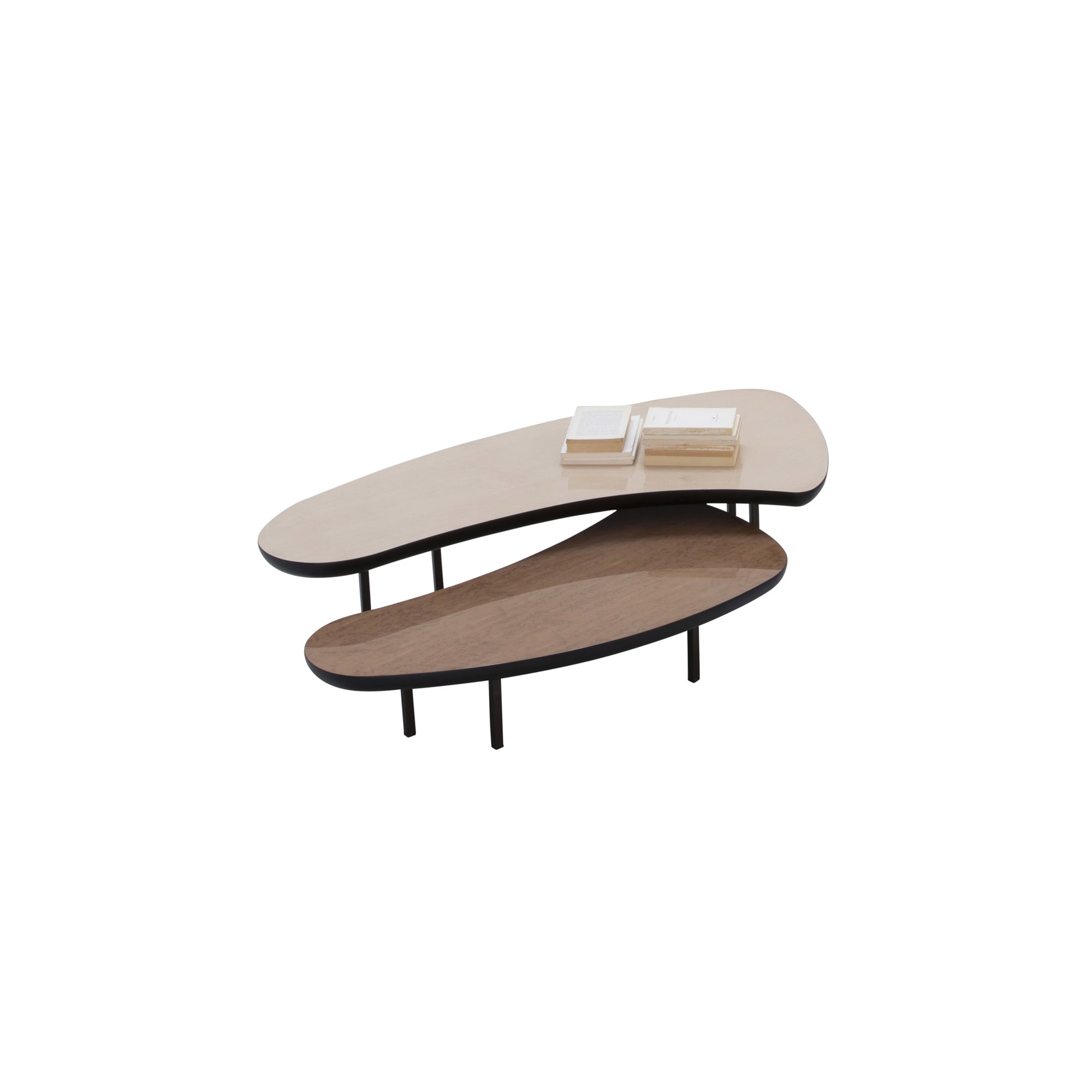 Modern nested wooden coffee tables with black metal legs for stylish living room decor.