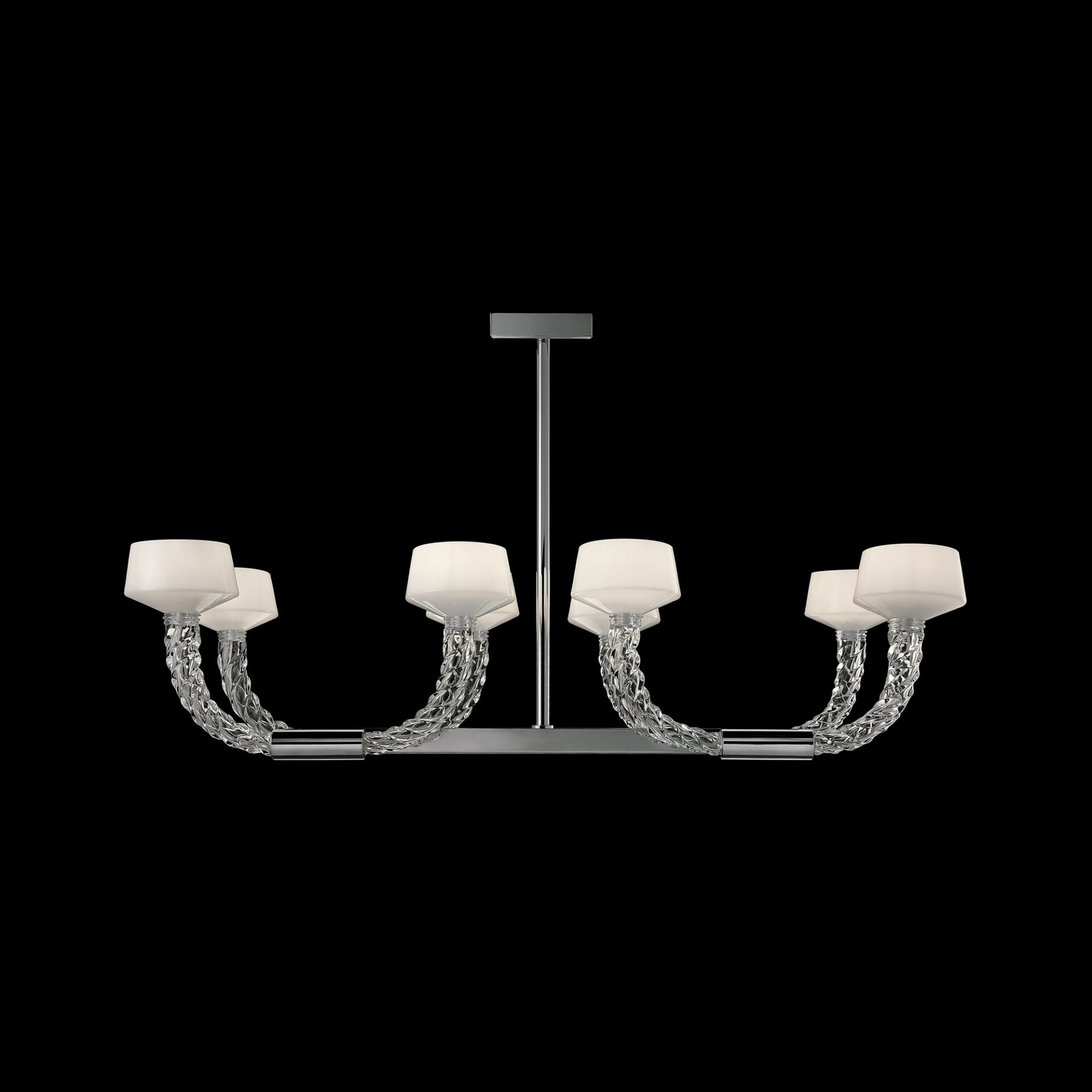 A modern chandelier with a polished chrome frame, eight frosted white trapezoidal shades, and decorative twisted clear crystal arms, all set against a black background.