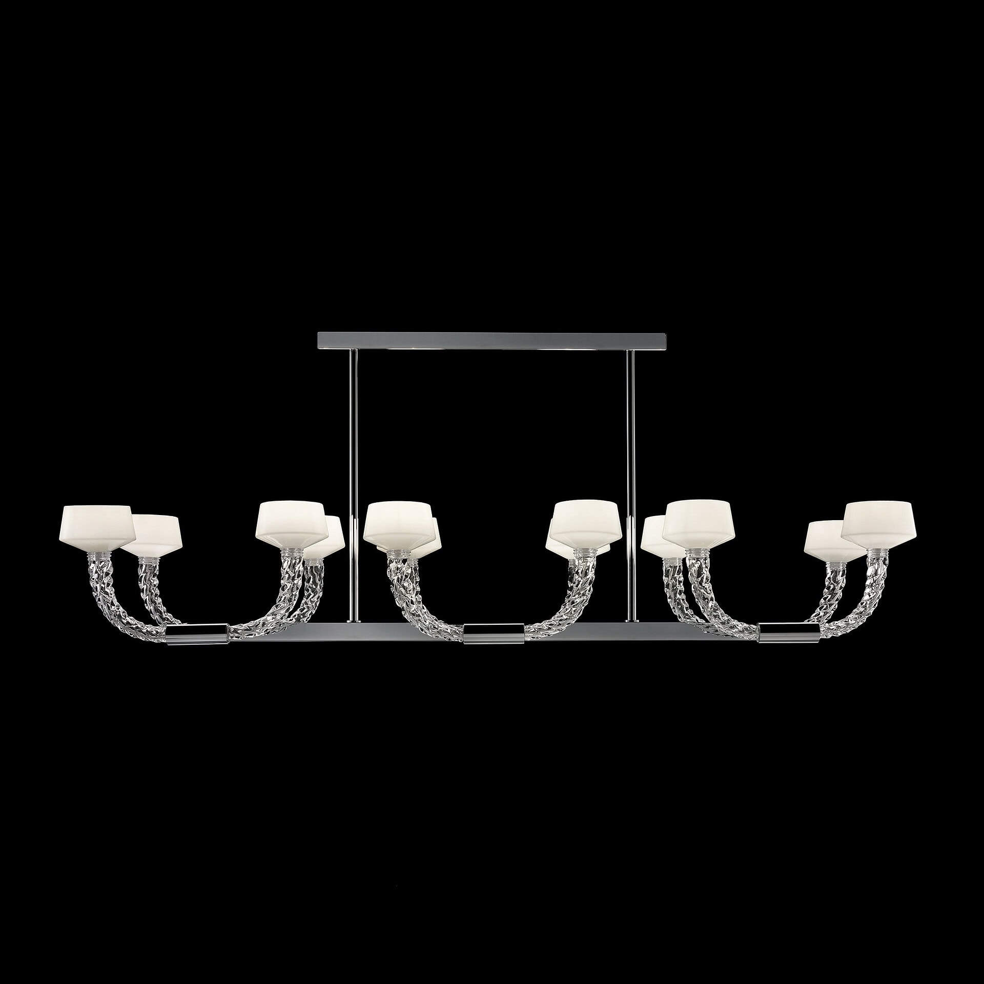 Modern chandelier with white shades and crystal accents for elegant lighting.