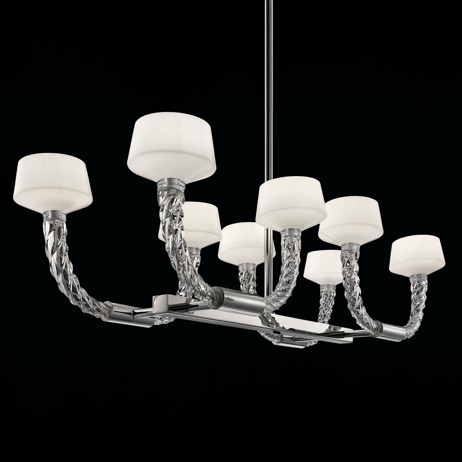 Barovier&Toso Twins chandelier close-up view with crystal glass arms and white shades.
