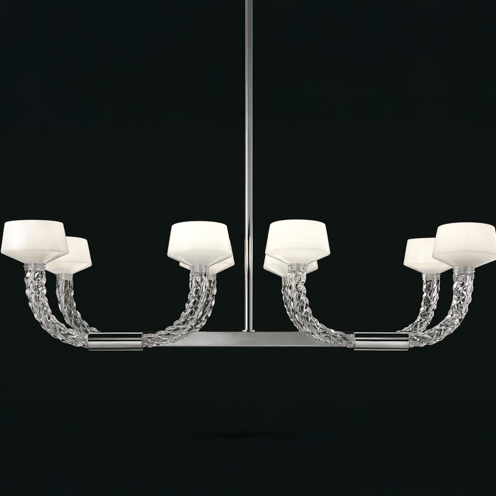 Side profile of Barovier&Toso Twins chandelier with multiple arms and glass shades.
