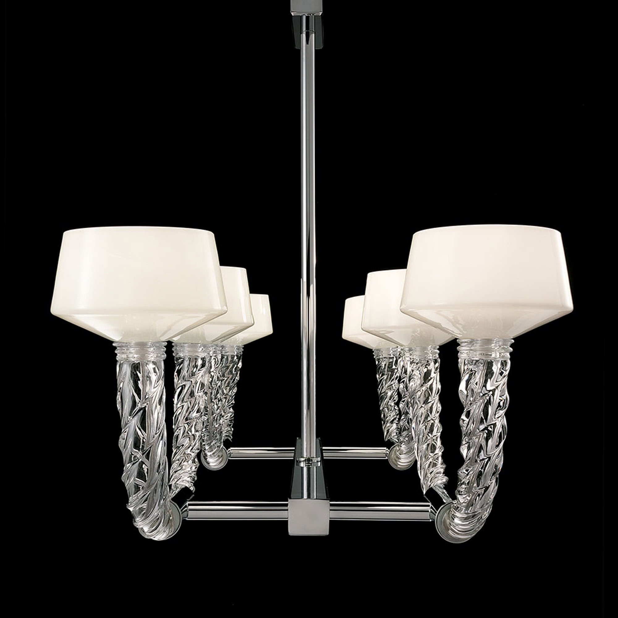 Close-up detail of chandelier arms and glass shades from the Twins collection.