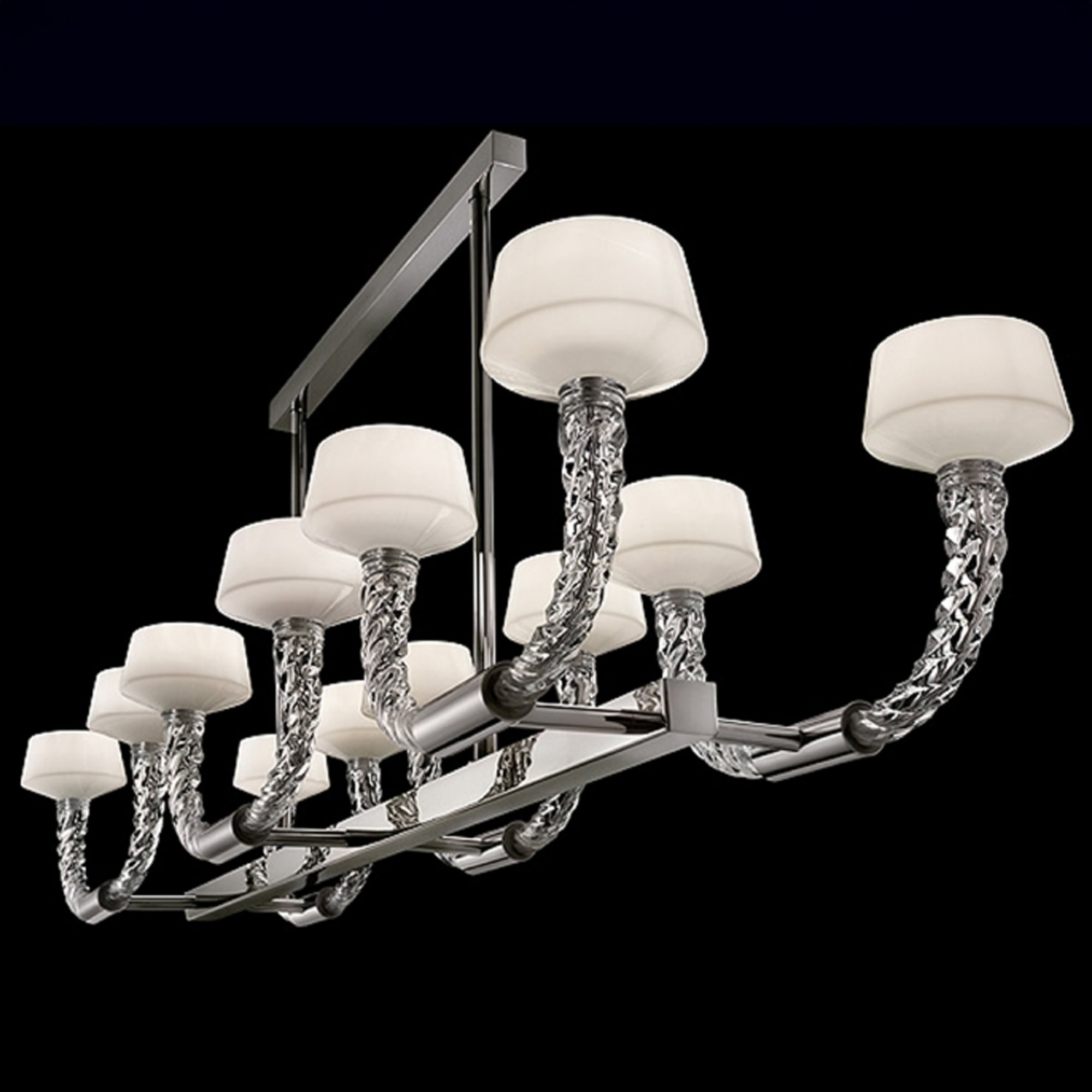 Angled overhead view of the Barovier&Toso Twins chandelier highlighting glass arms.