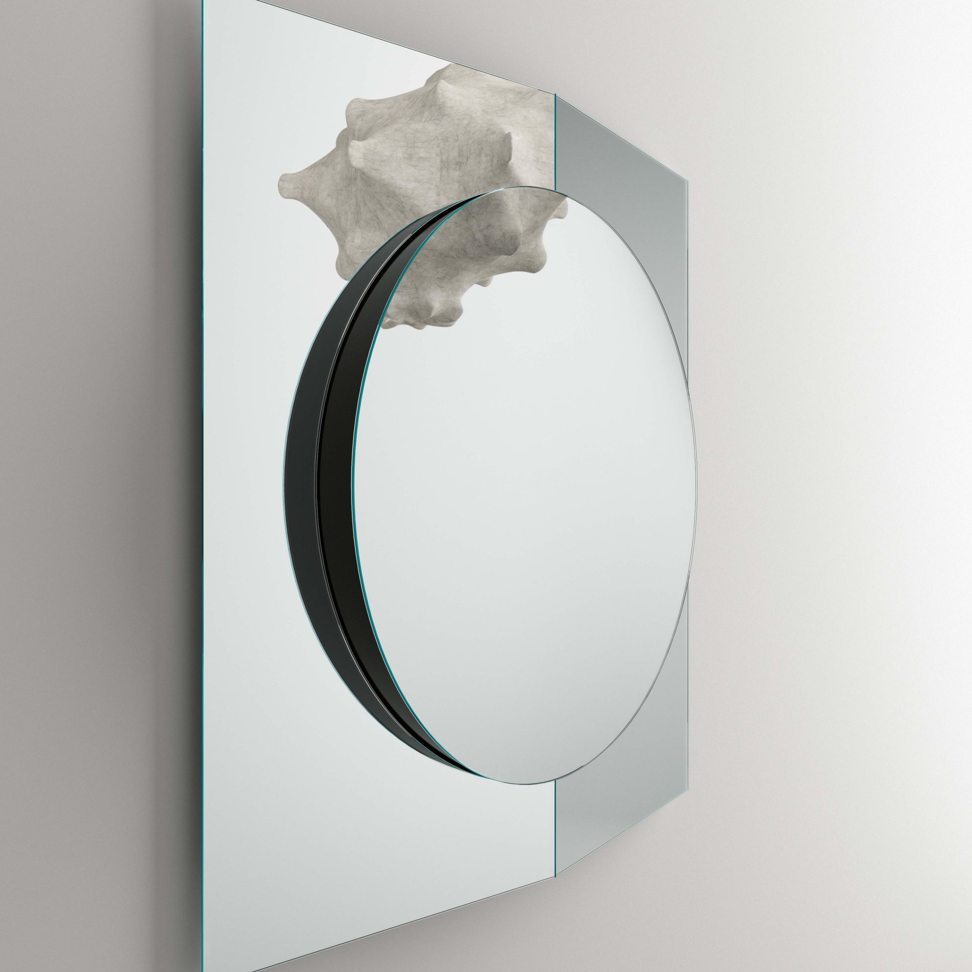 Central modern design mirror with round central part and inclined side  panels