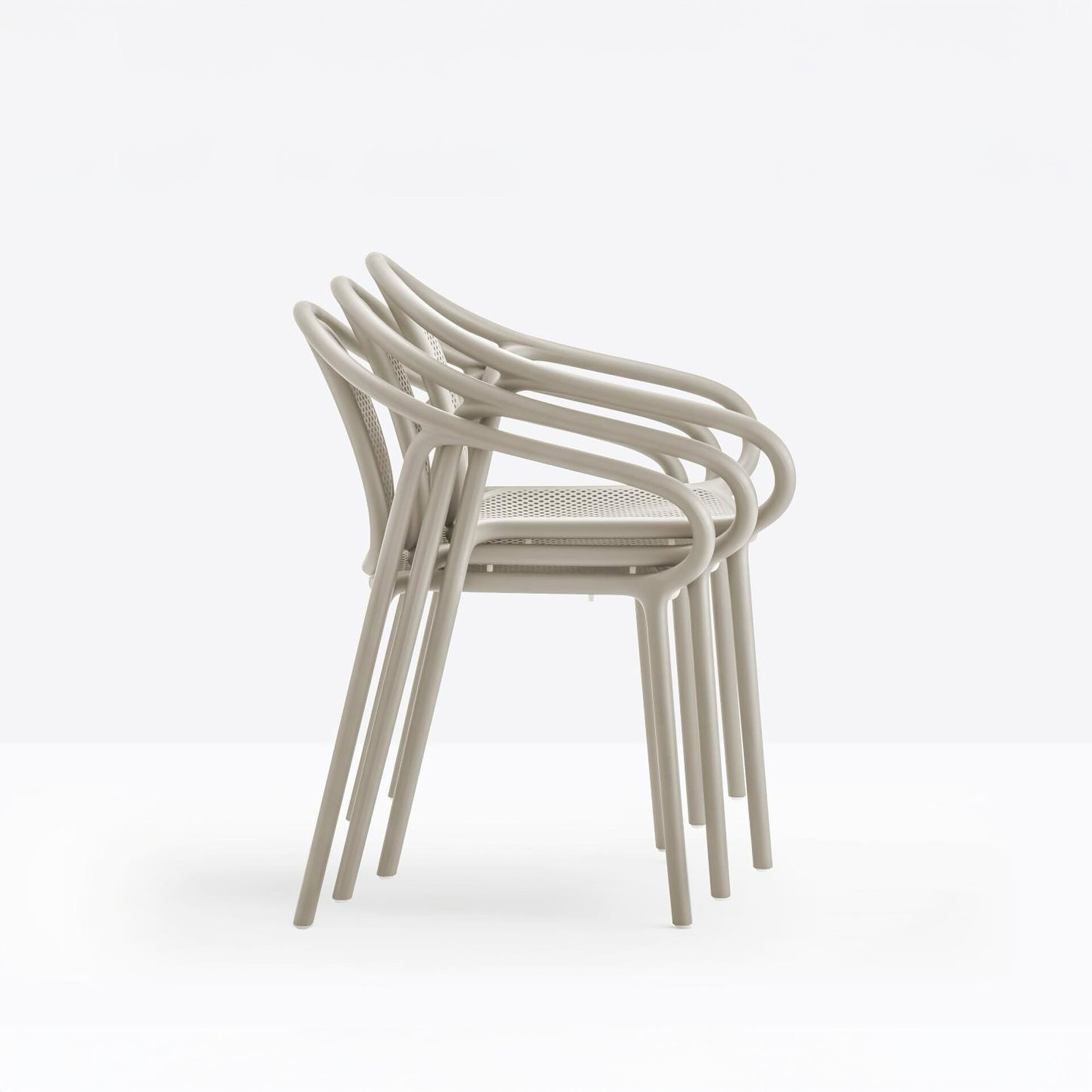 Stackable Pedrali Remind 3735 Armchairs in neutral polypropylene, side profile stacked view