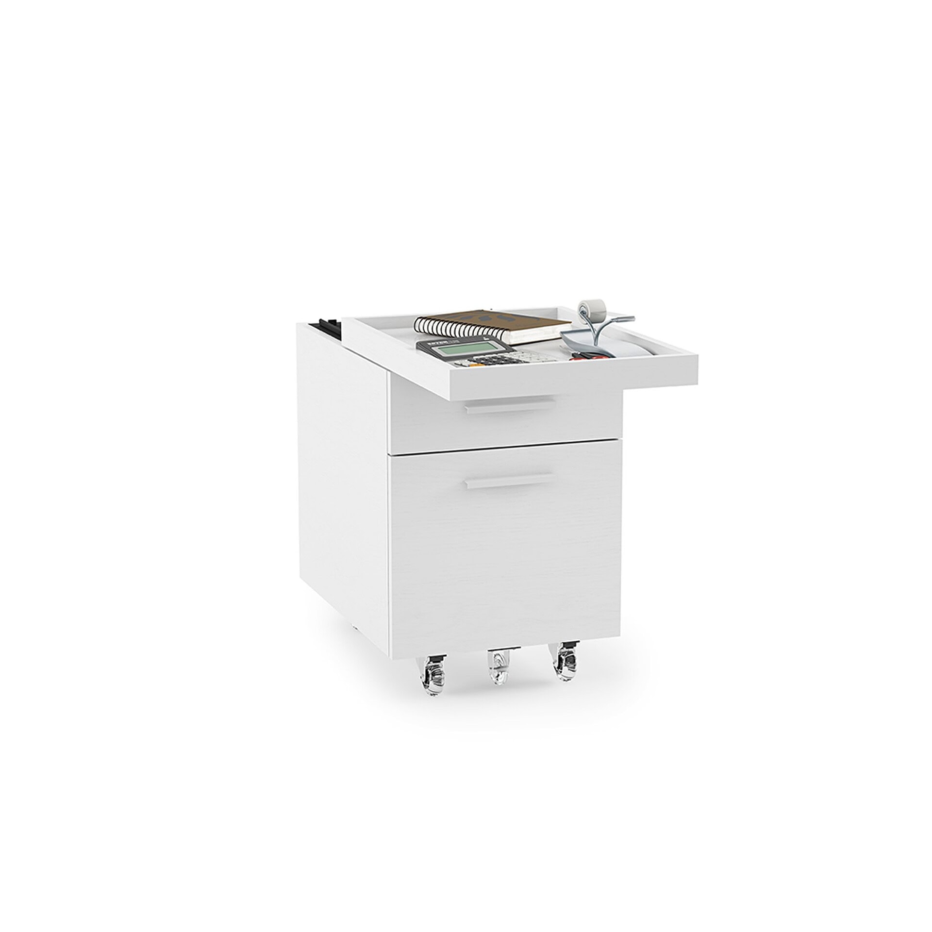 Stacked white office storage mobile file cabinet with workspace tray.