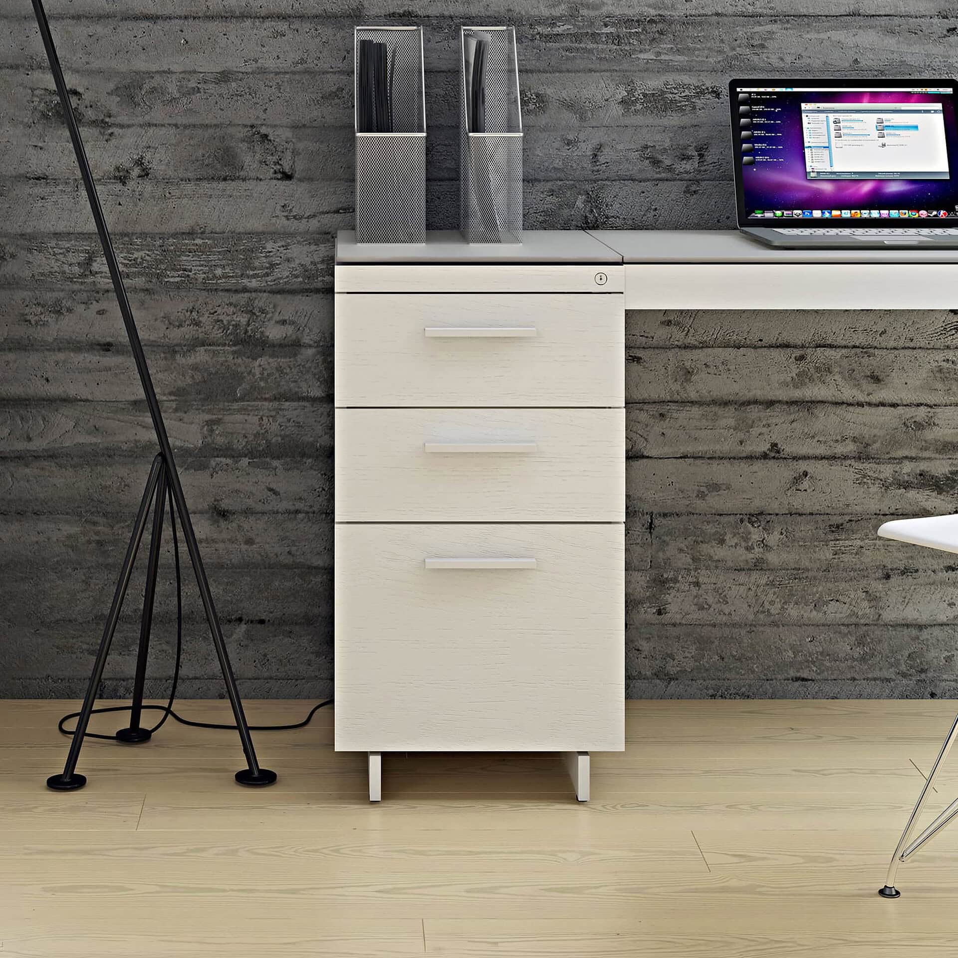 Modern white file cabinet with sleek handles, part of contemporary office furniture set.