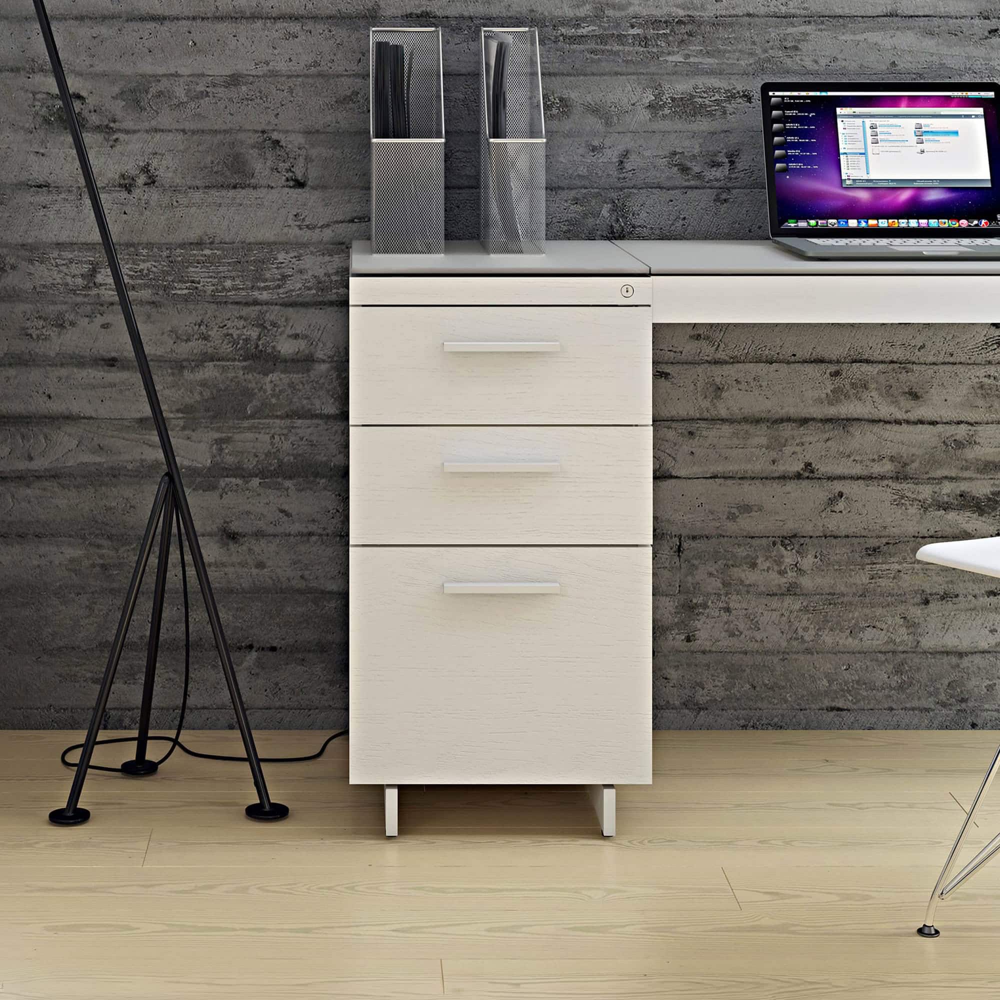 Modern white file cabinet with sleek handles, part of contemporary office furniture set.