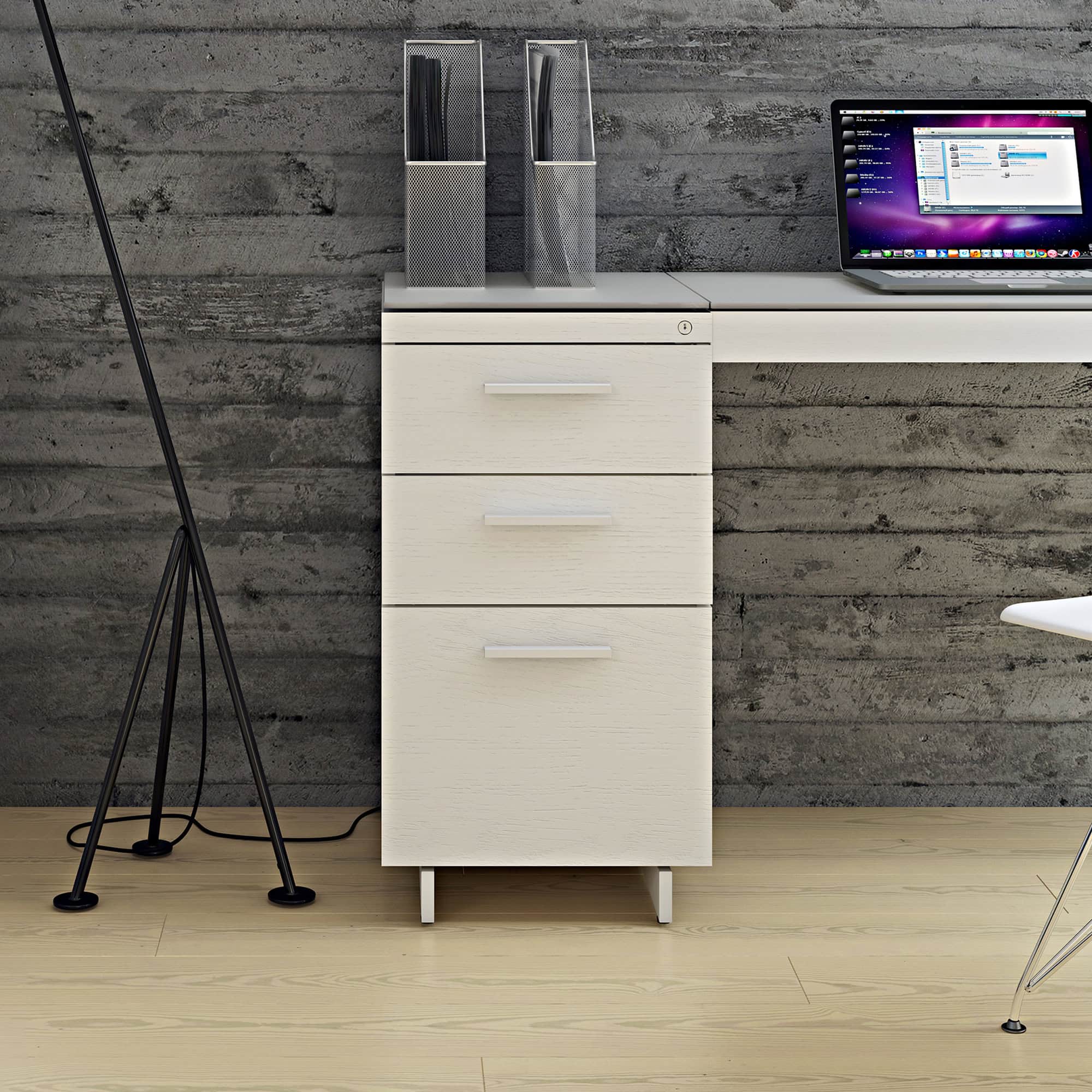 Modern white file cabinet with sleek handles, part of contemporary office furniture set.