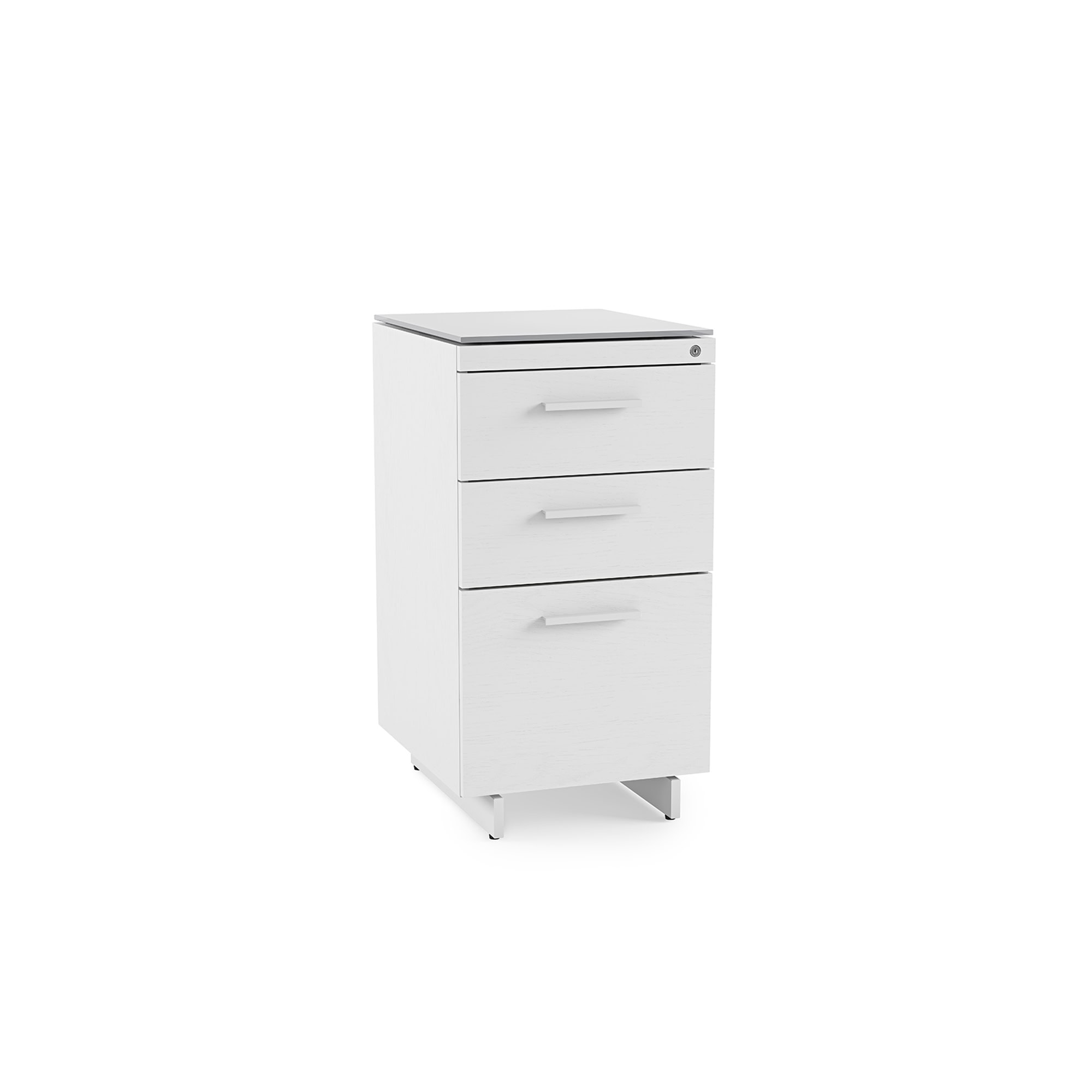 Low white storage cabinet with four drawers and a metal top, modern furniture design.
