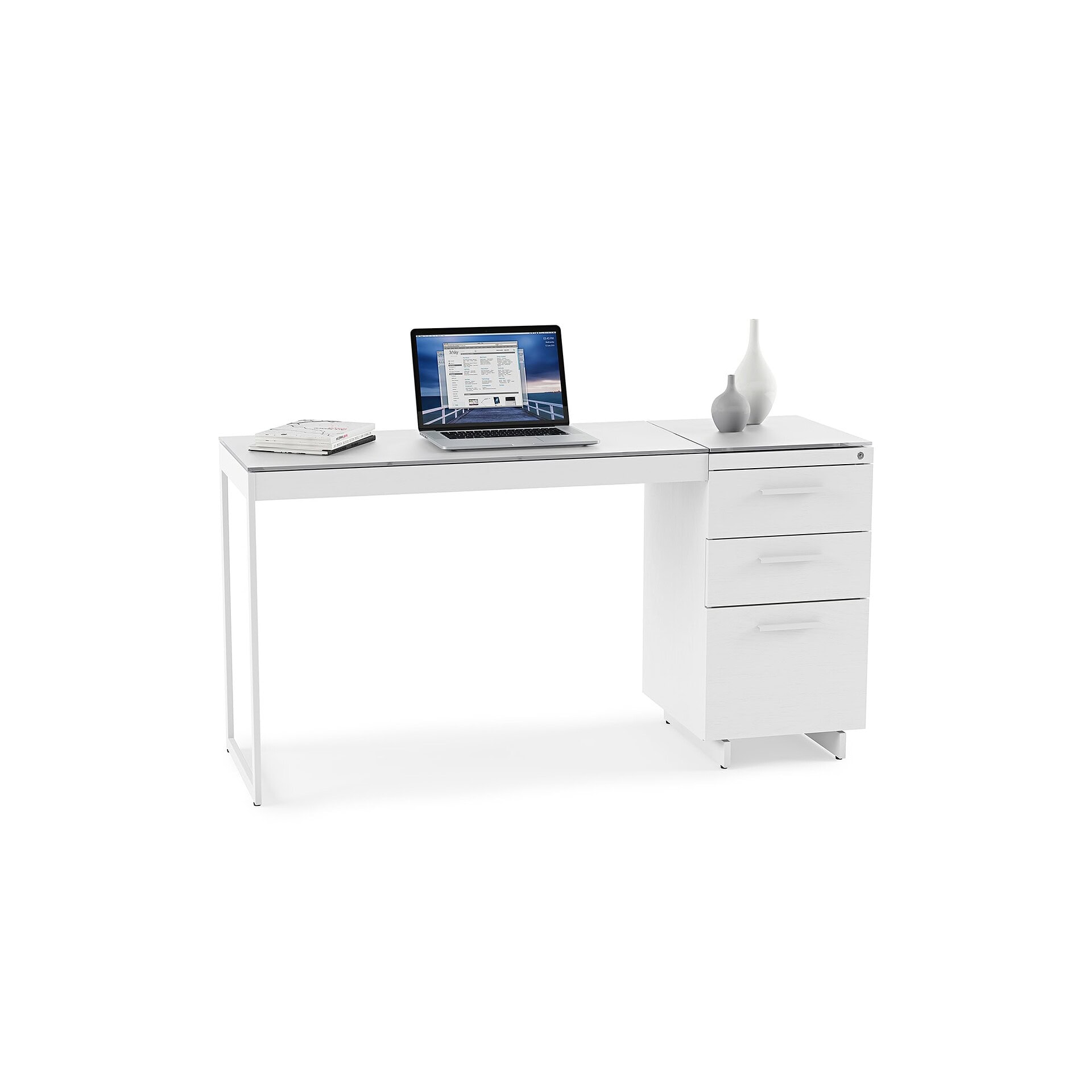 Modern white office desk with storage drawers and minimalist design.
