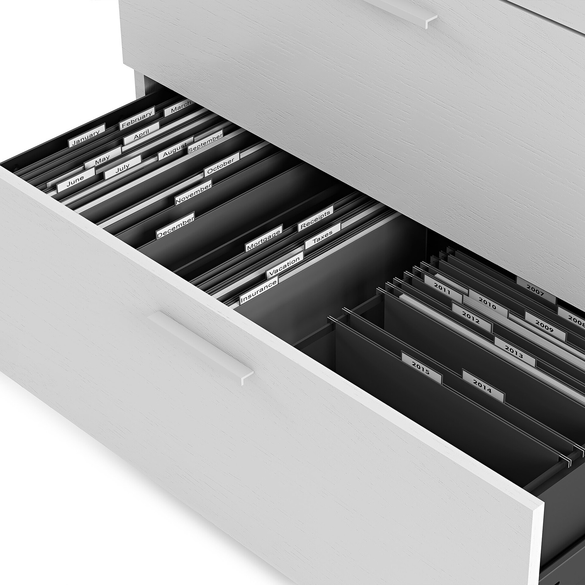 Organized filing drawer with labeled folders for documents and records, showcasing office storage solutions.