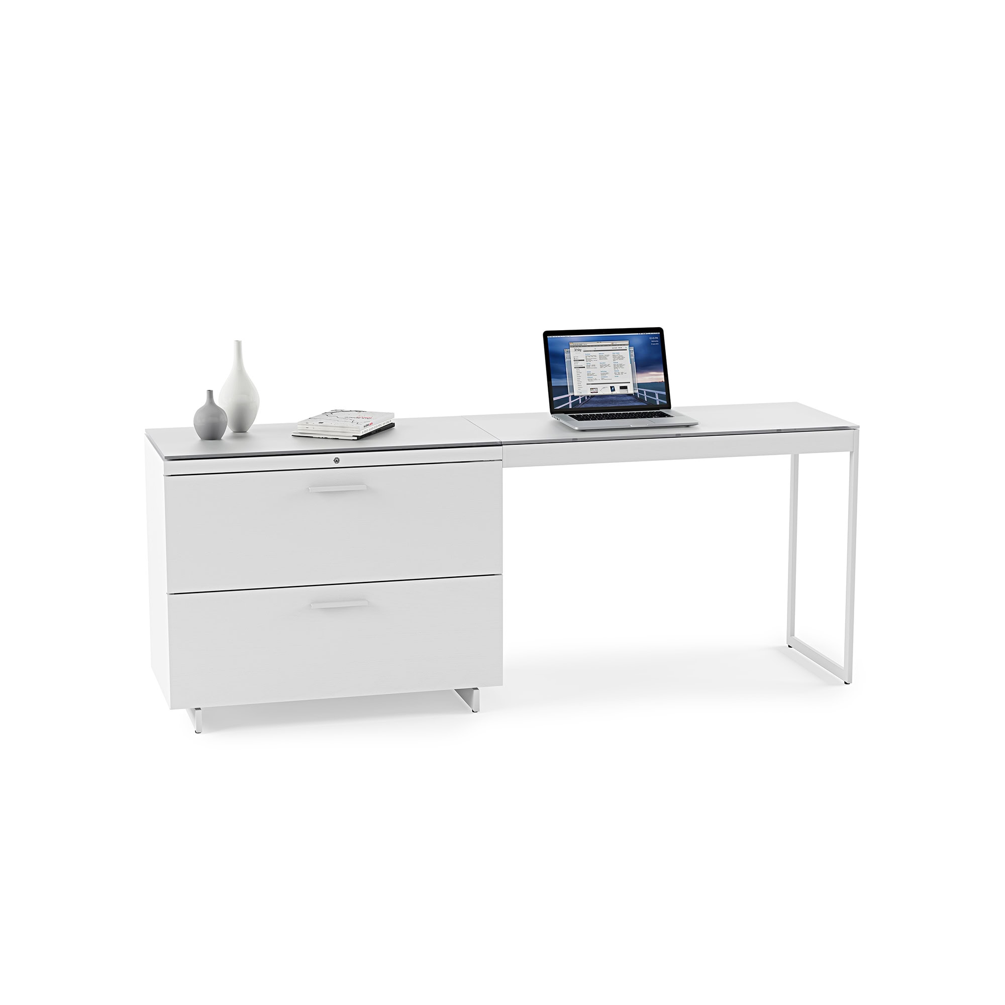 Sleek modern white office desk with storage drawers and laptop workspace. Perfect for contemporary home or office setup.