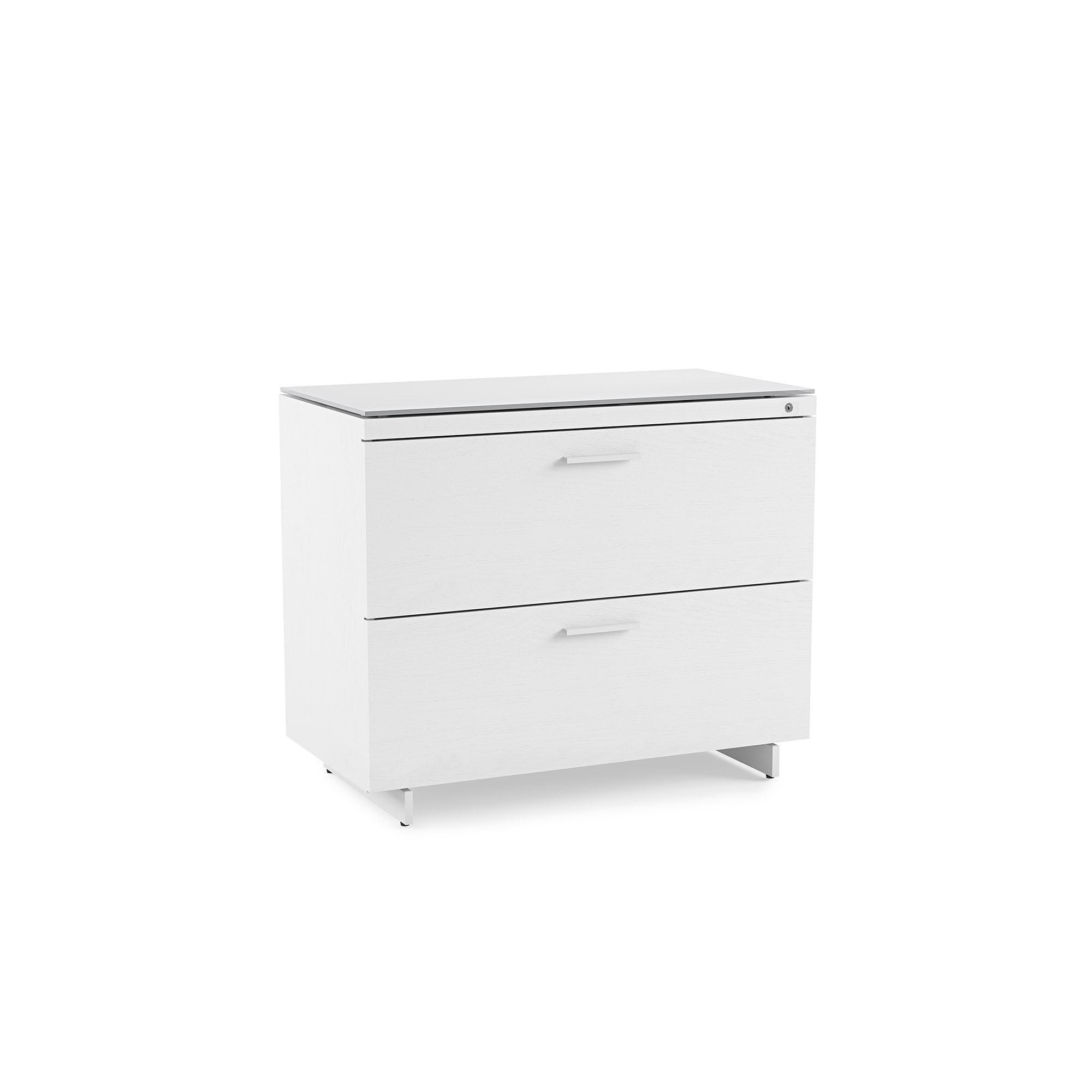 White modern two-drawer file cabinet for office storage.