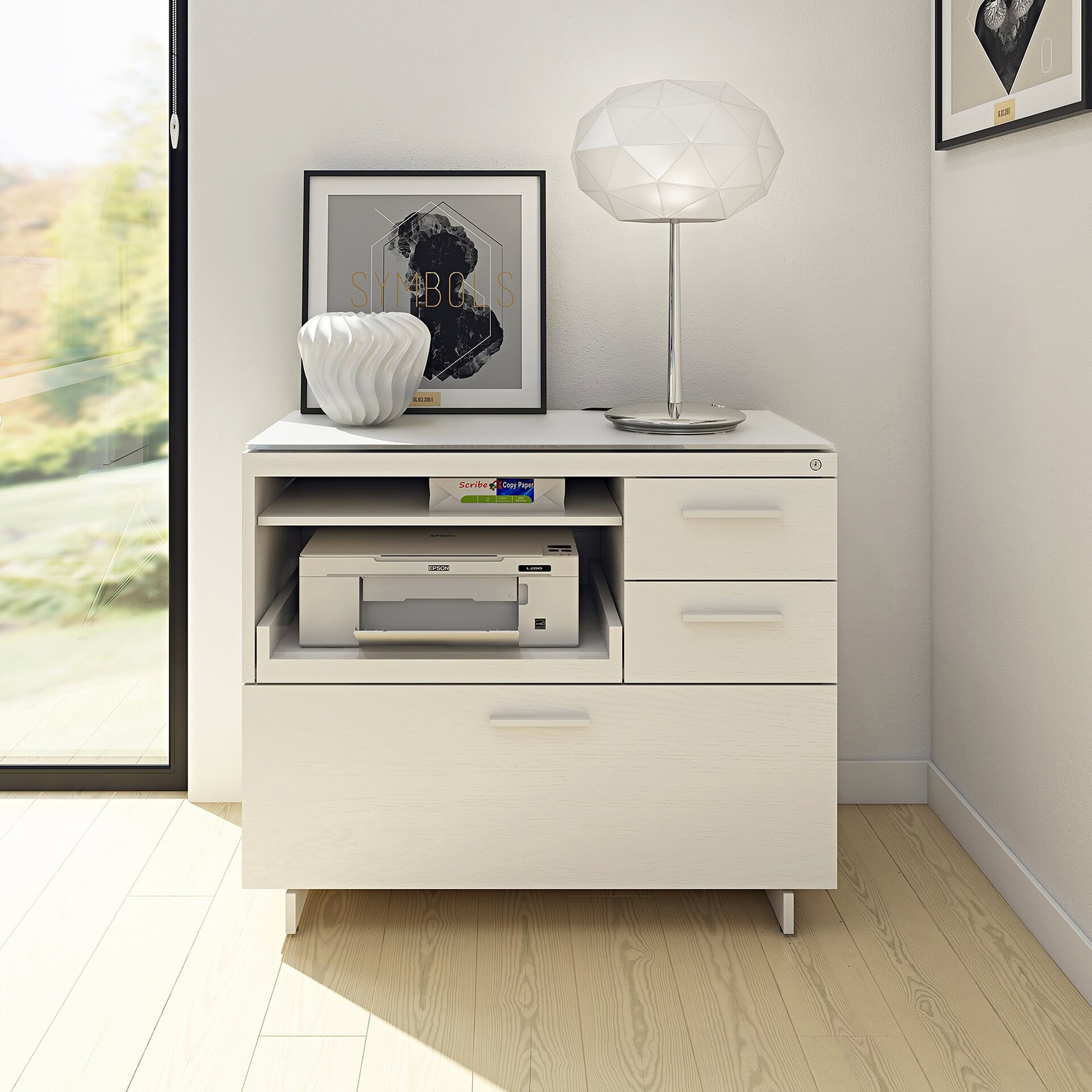 Modern white storage cabinet with printer and decorative accessories from Sklar Furnishings.