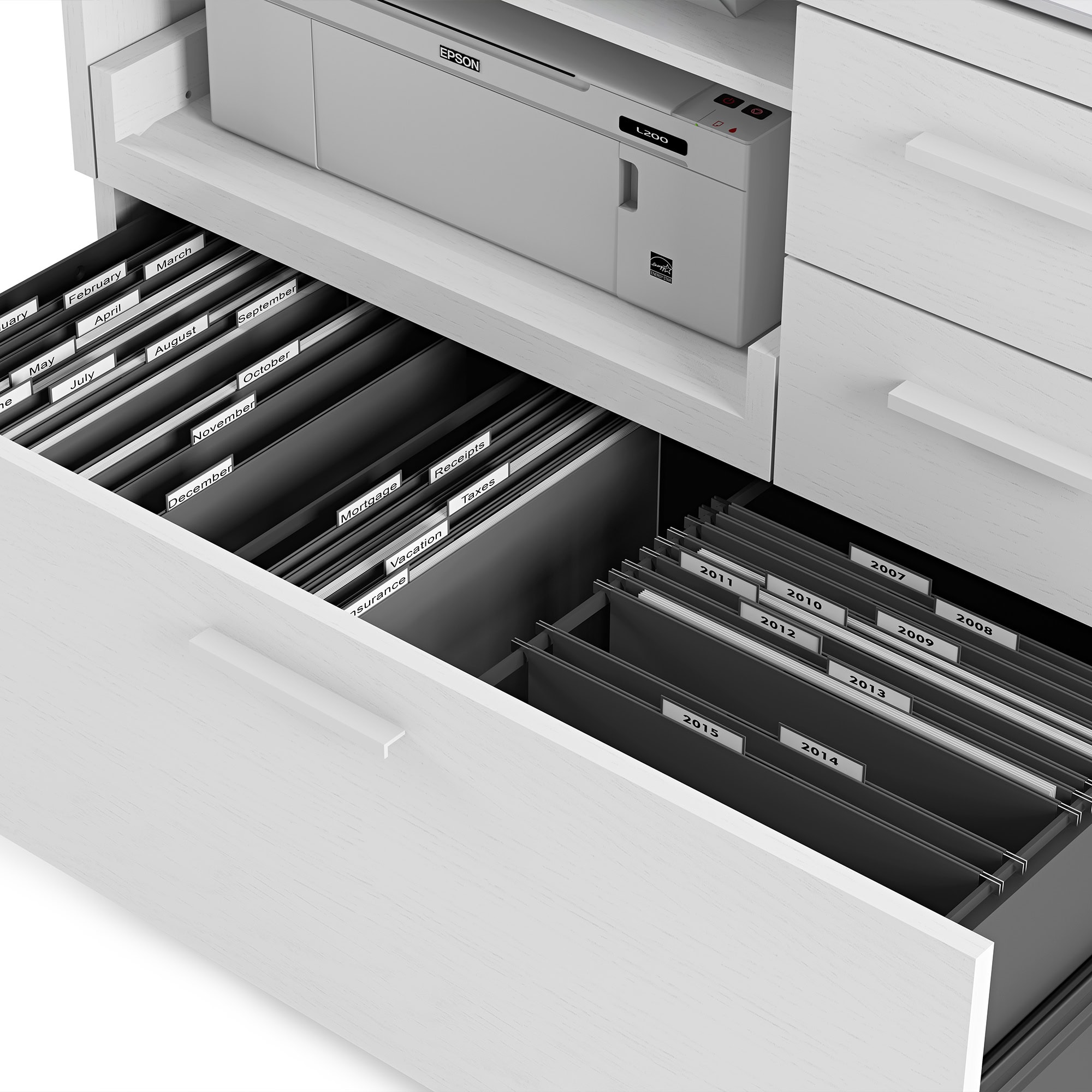 Drawer organizing system for home office storage with labeled folders and filing trays.