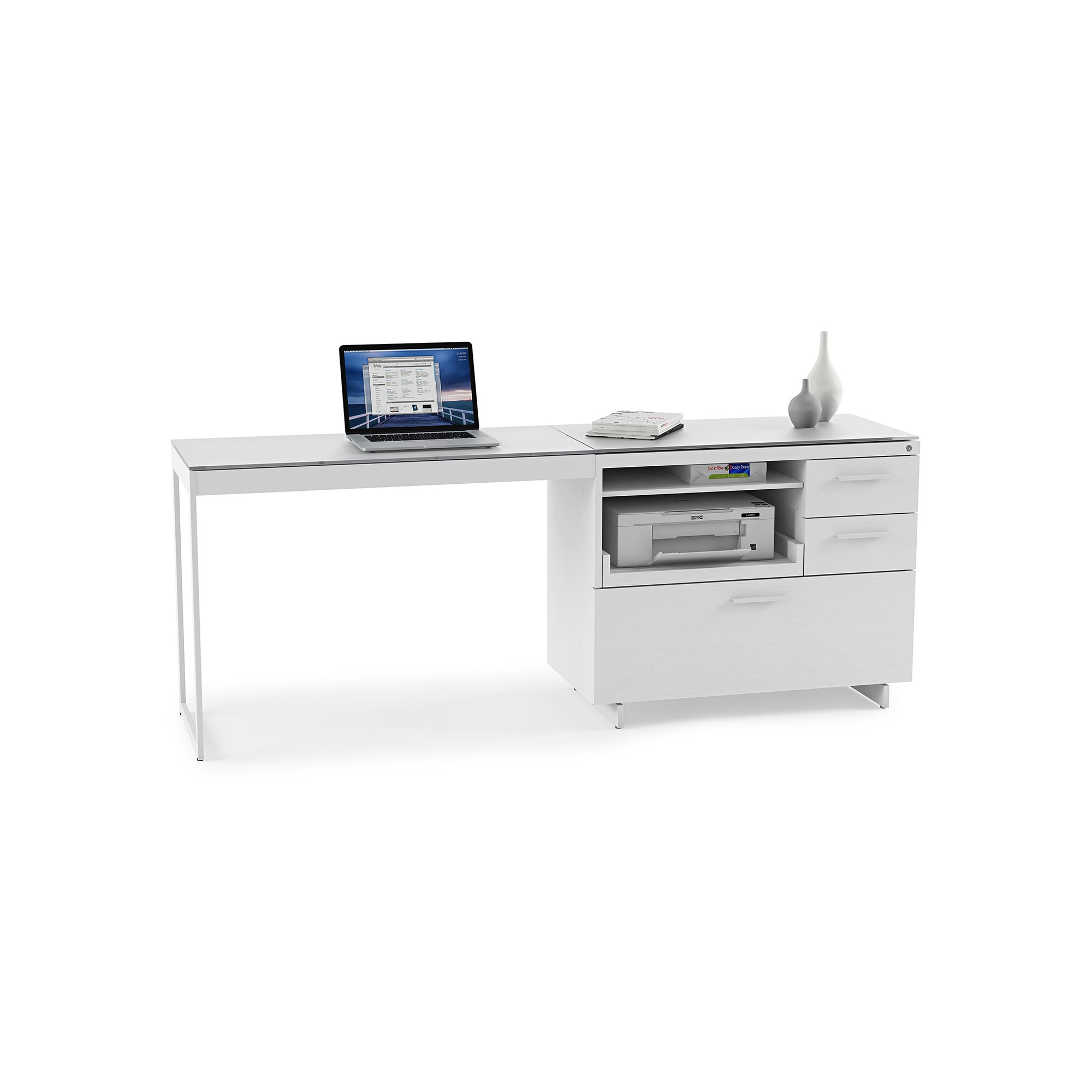 White modern office desk with storage and printer space for productivity.