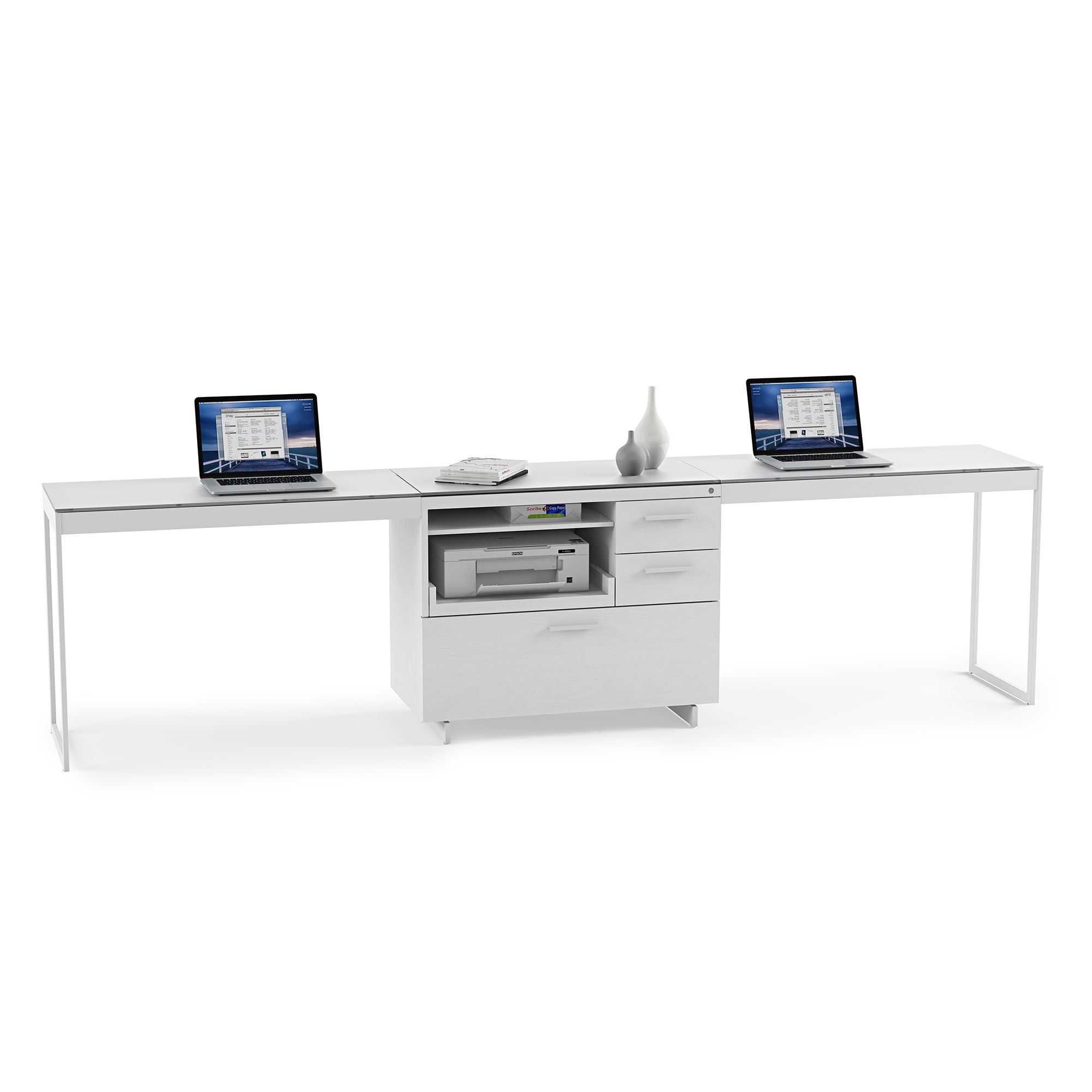 White modern office desk with storage and laptops, designed for professional workspace setups.