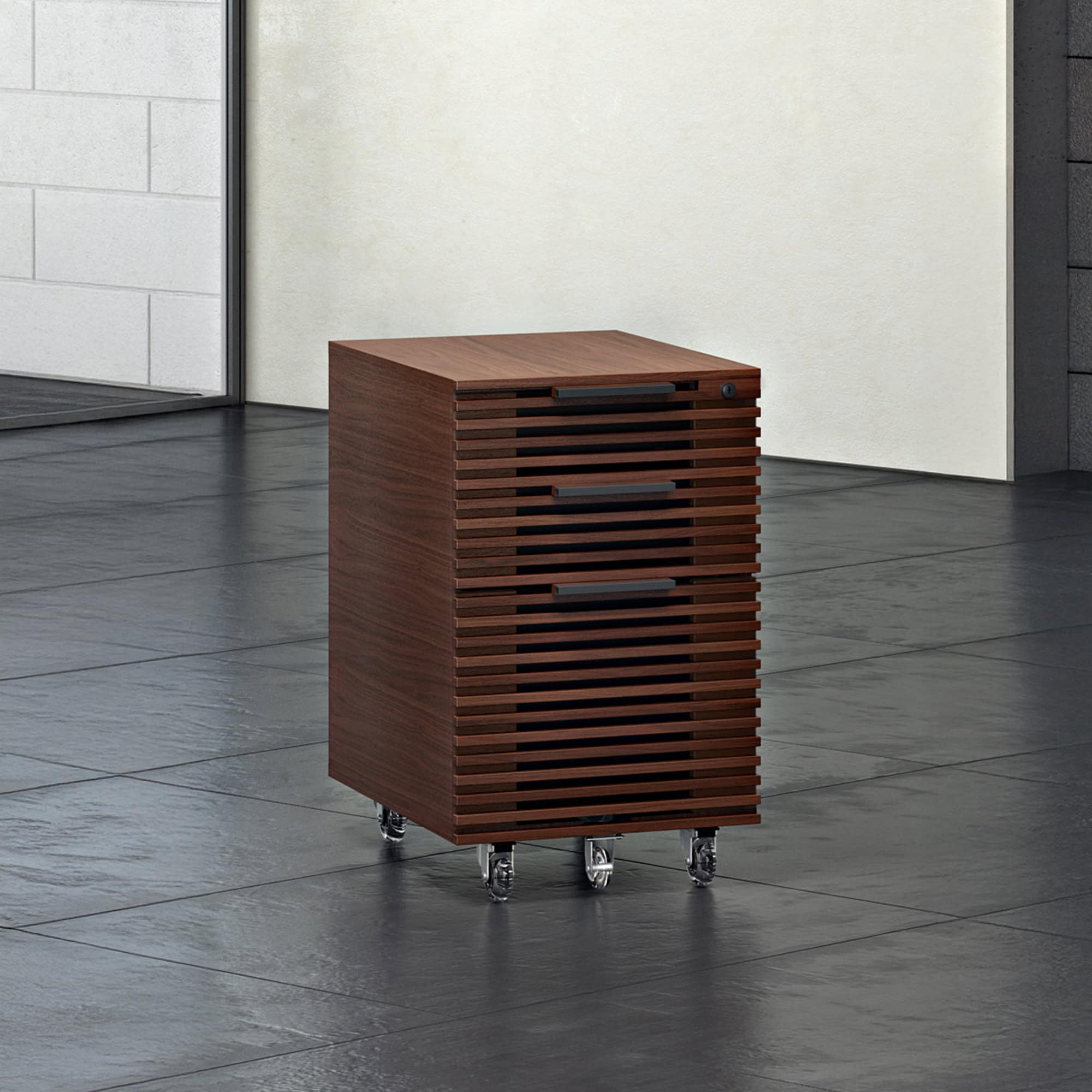 1. Modern wooden mobile storage cabinet with slatted design on wheels.