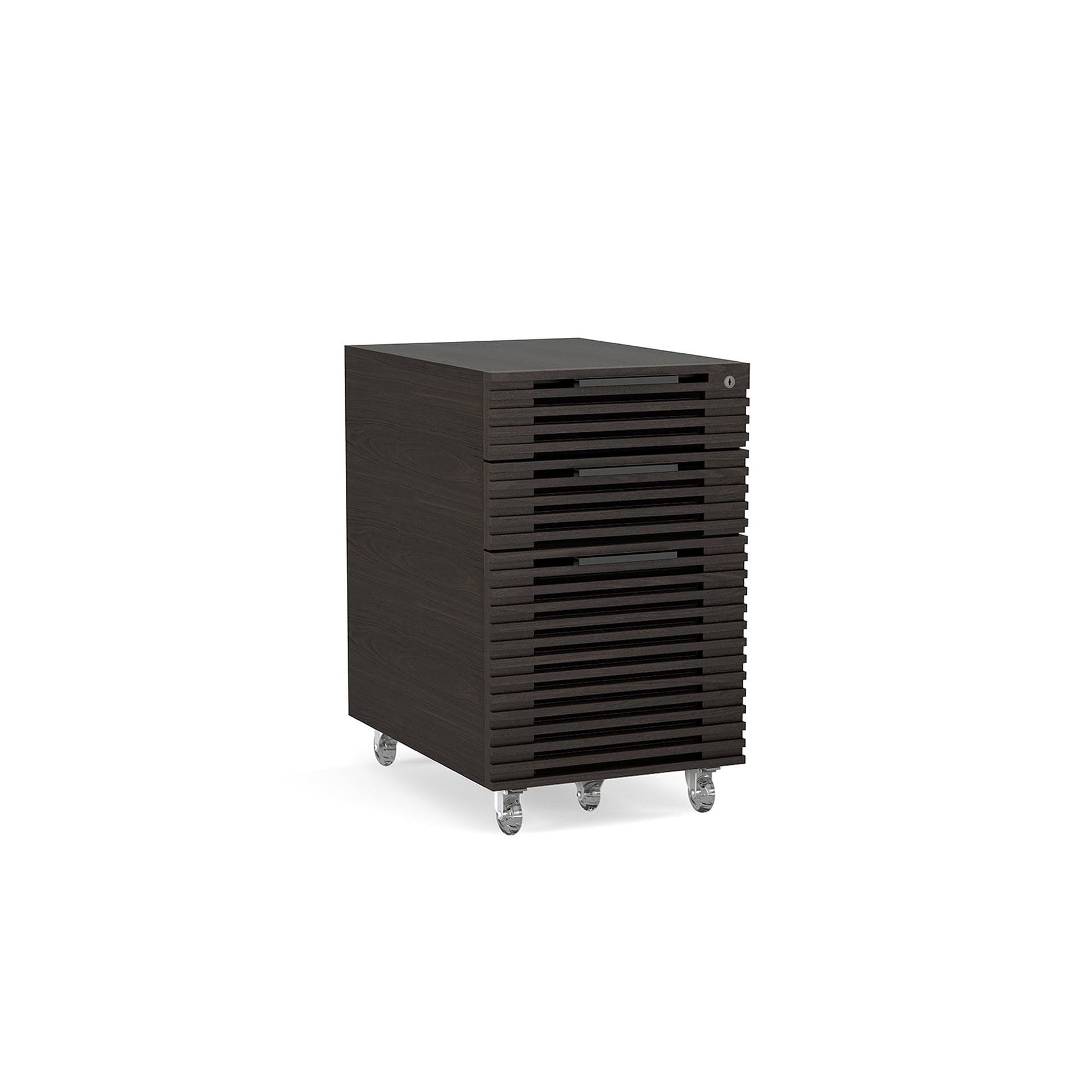 Sleek dark wood filing cabinet with castor wheels for office organization and storage.