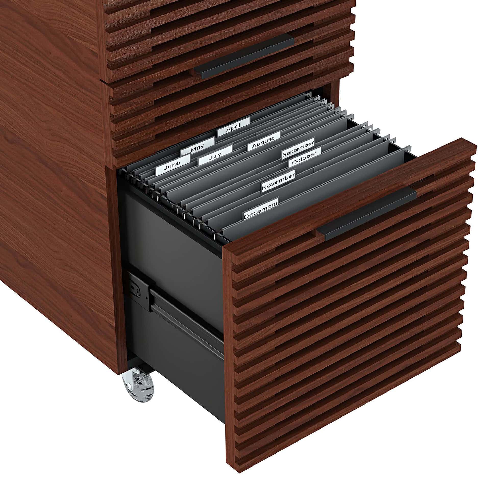 Drawer organizer with labeled monthly files in a stylish wooden cabinet.