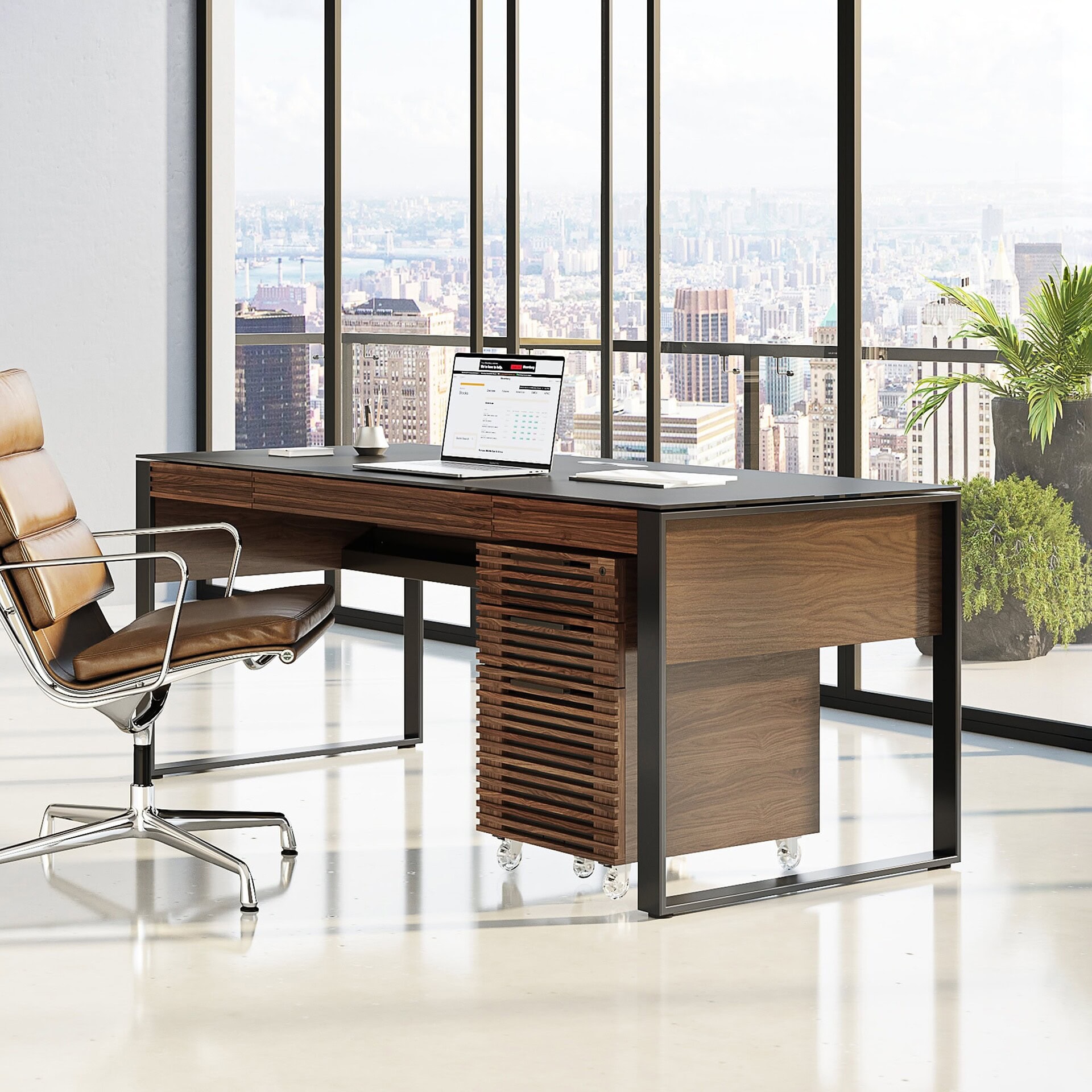 Modern executive desk with wood and metal design for professional office spaces.