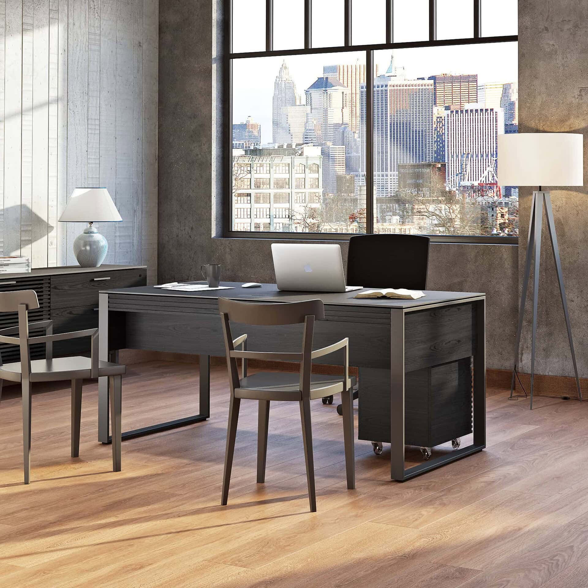 Luxury modern office desk with city skyline view, sleek minimalist design, Sklar Furnishings.