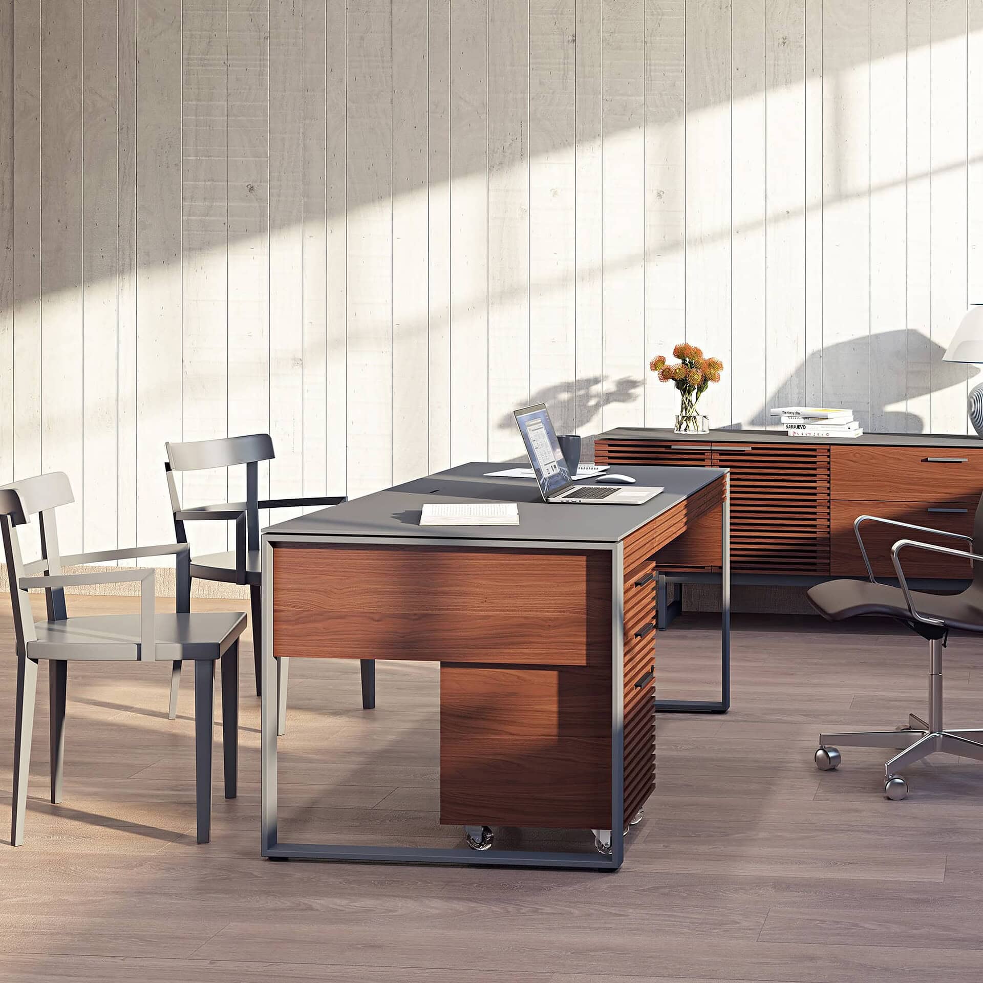 Sleek modern office desk with wood finish and metal frame, ideal for professional workspace.