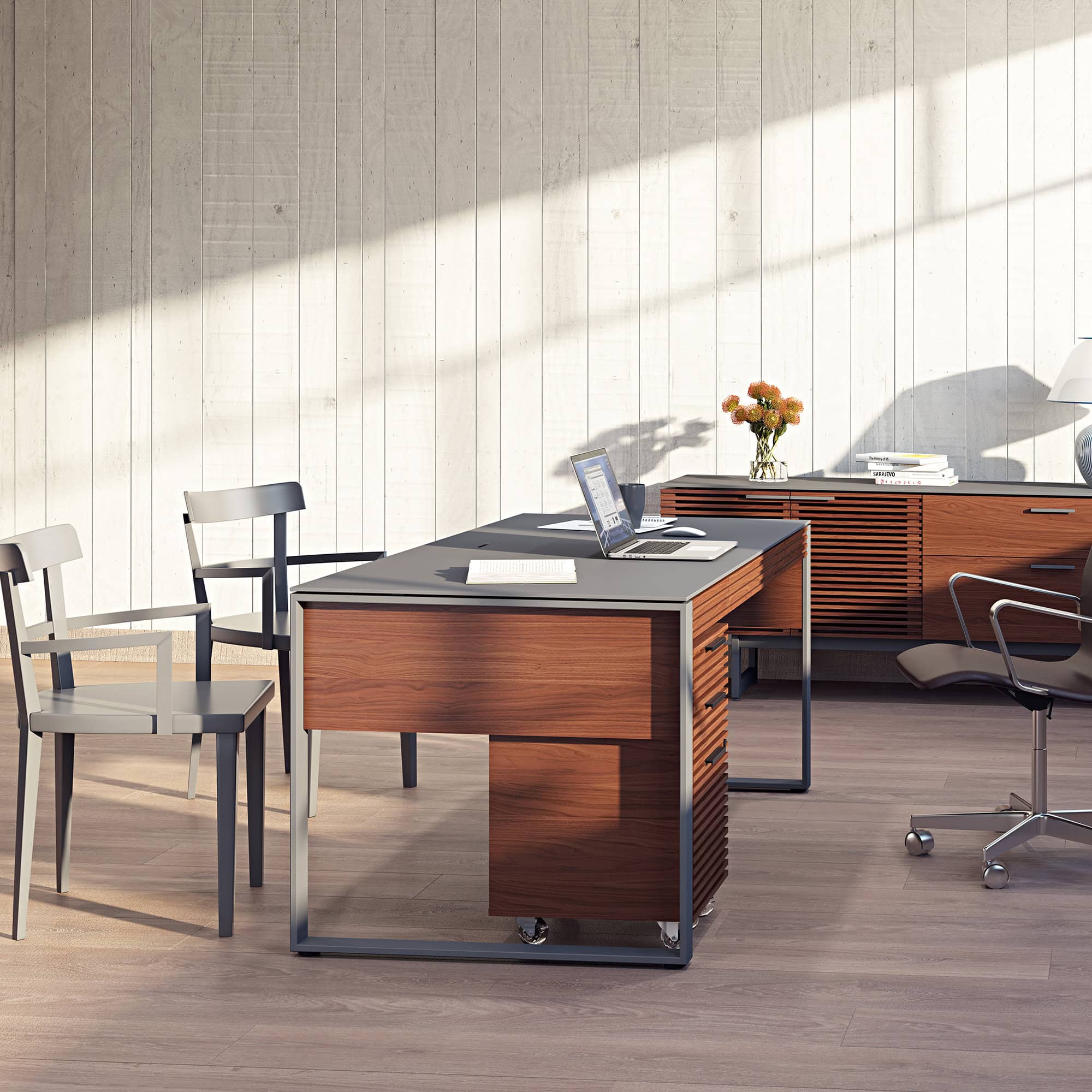 Sleek modern office desk with wood finish and metal frame, ideal for professional workspace.