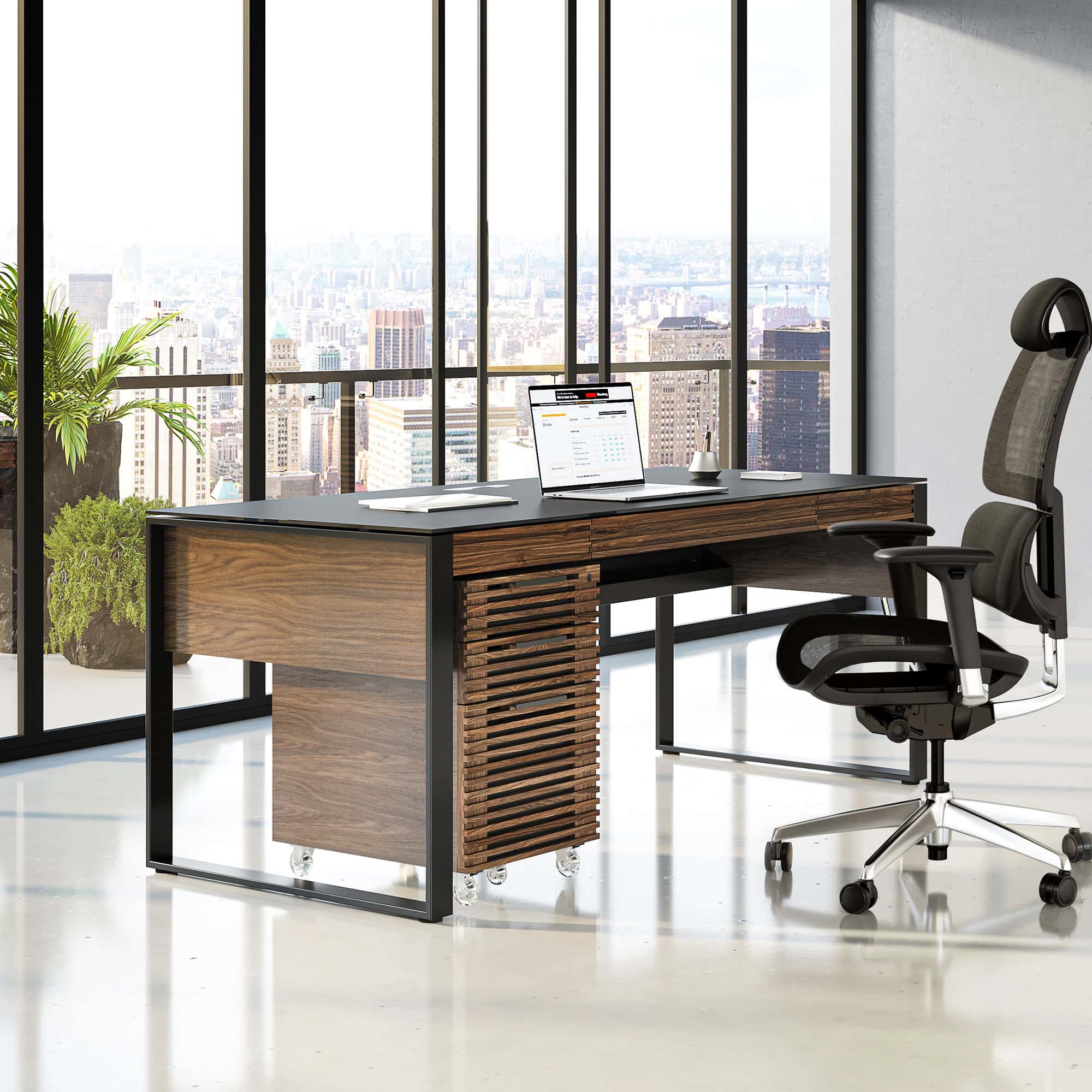 Sleek modern office desk with wood accents and ergonomic chair in high-rise cityscape setting.