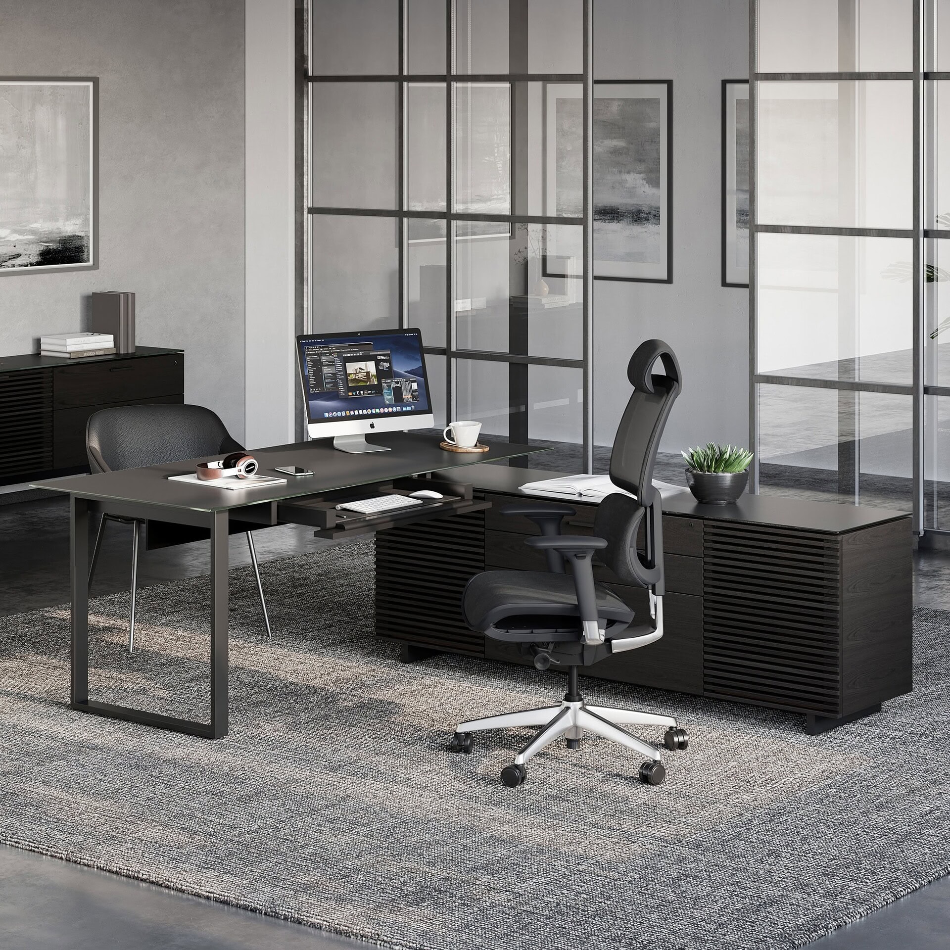 Sleek black office desk with ergonomic chair, modern workspace furniture for professional offices.