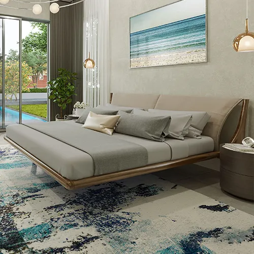 A modern bedroom with a floating bed, grey bedding, a beach artwork, and large windows overlooking a green yard and pool.