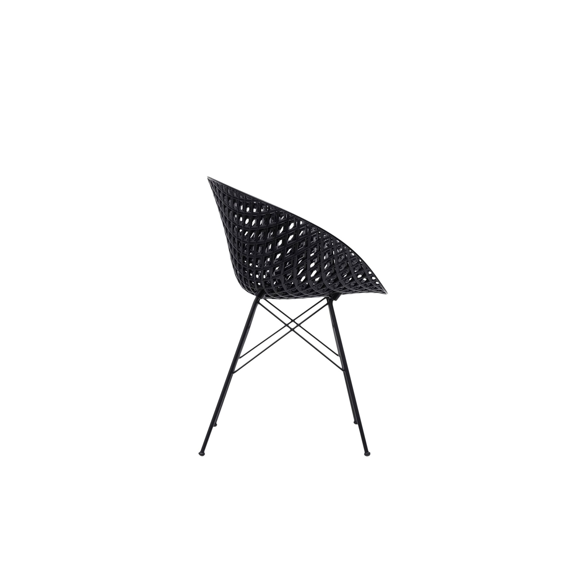 Studio shot of the black Smatrik Chair, rear angle view showing net-like seat structure.