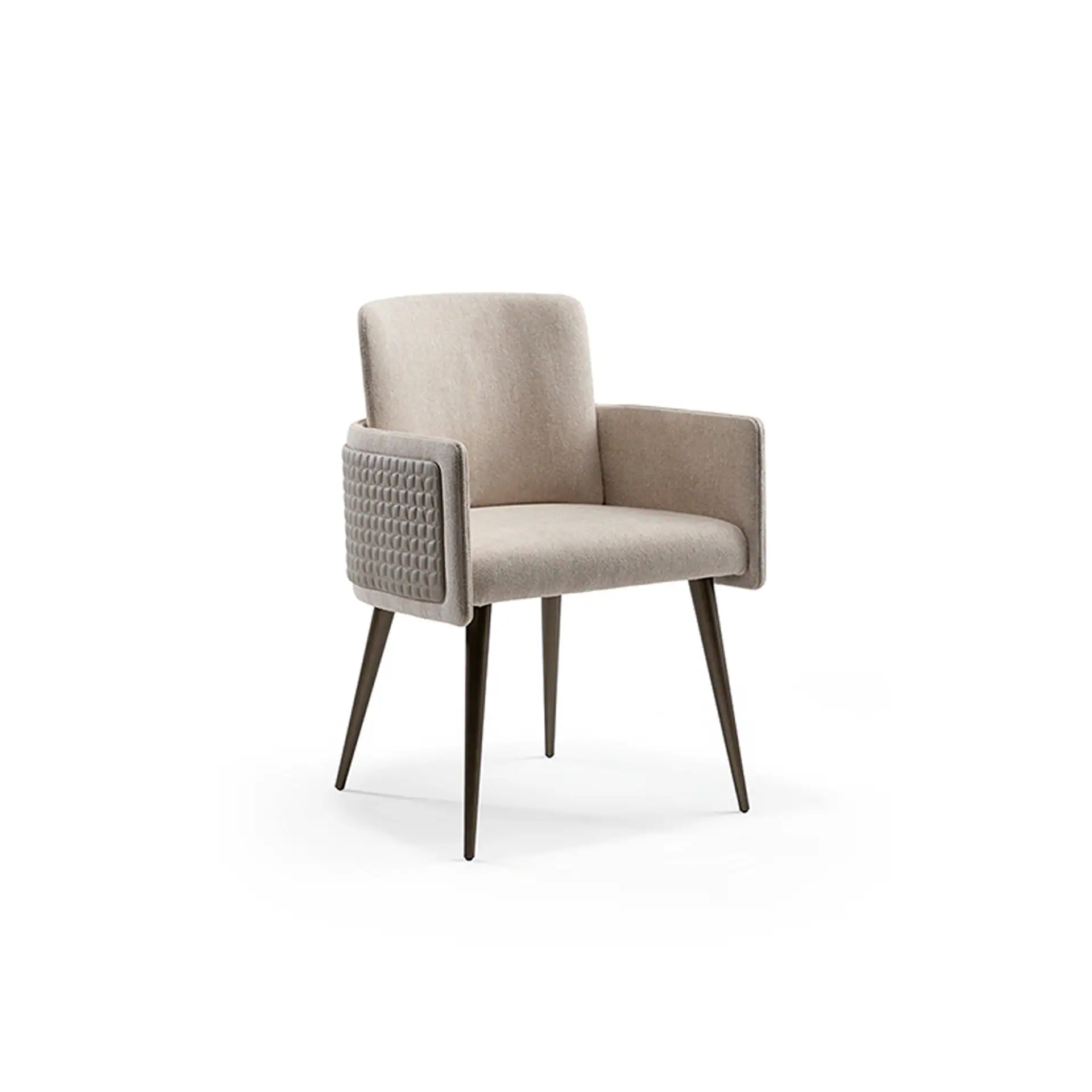 Accent chair with beige upholstery and wooden legs, ideal for contemporary living room decor.