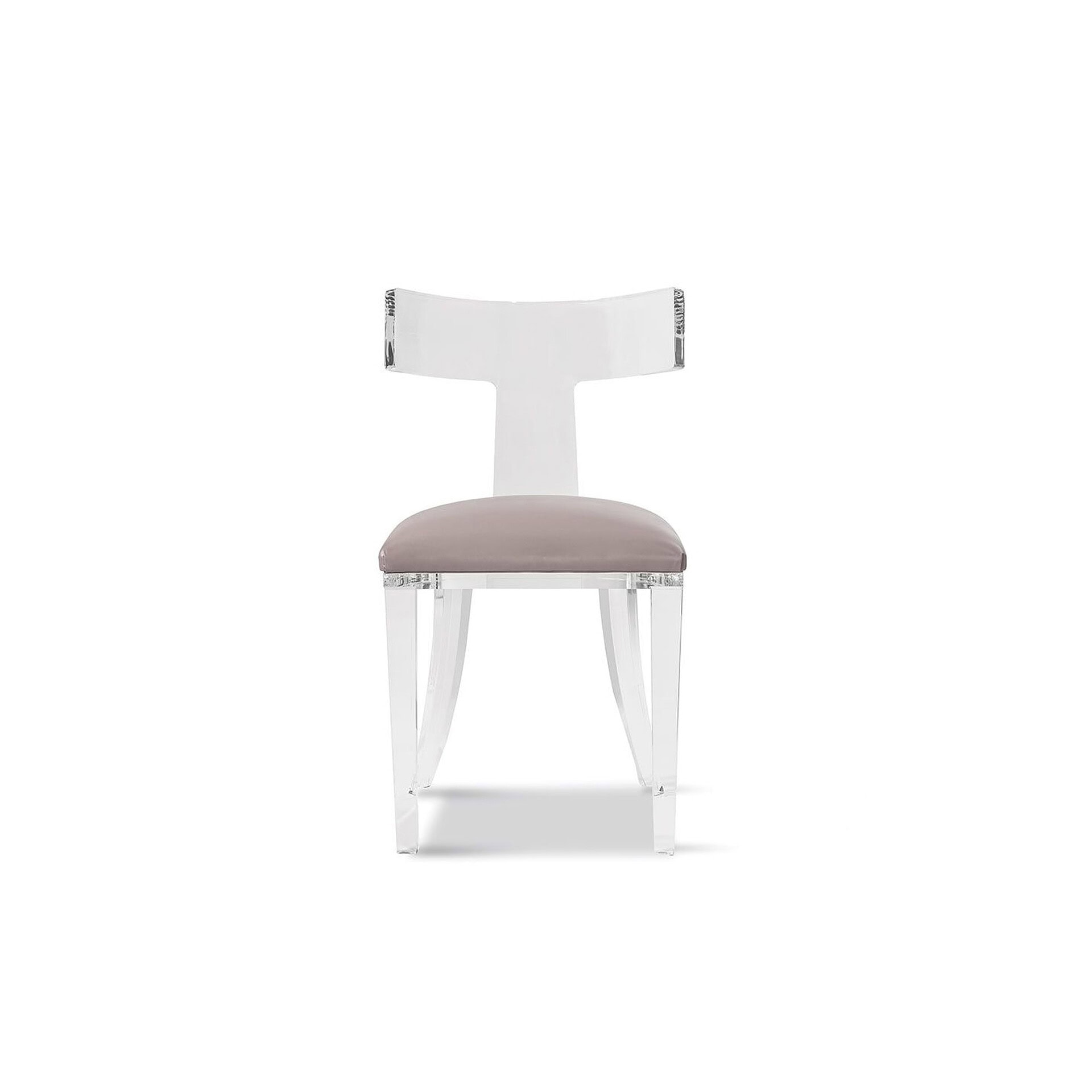 Tristan Acrylic Klismos Chair with clear acrylic frame and taupe upholstered seat, showcasing custom fabric option.