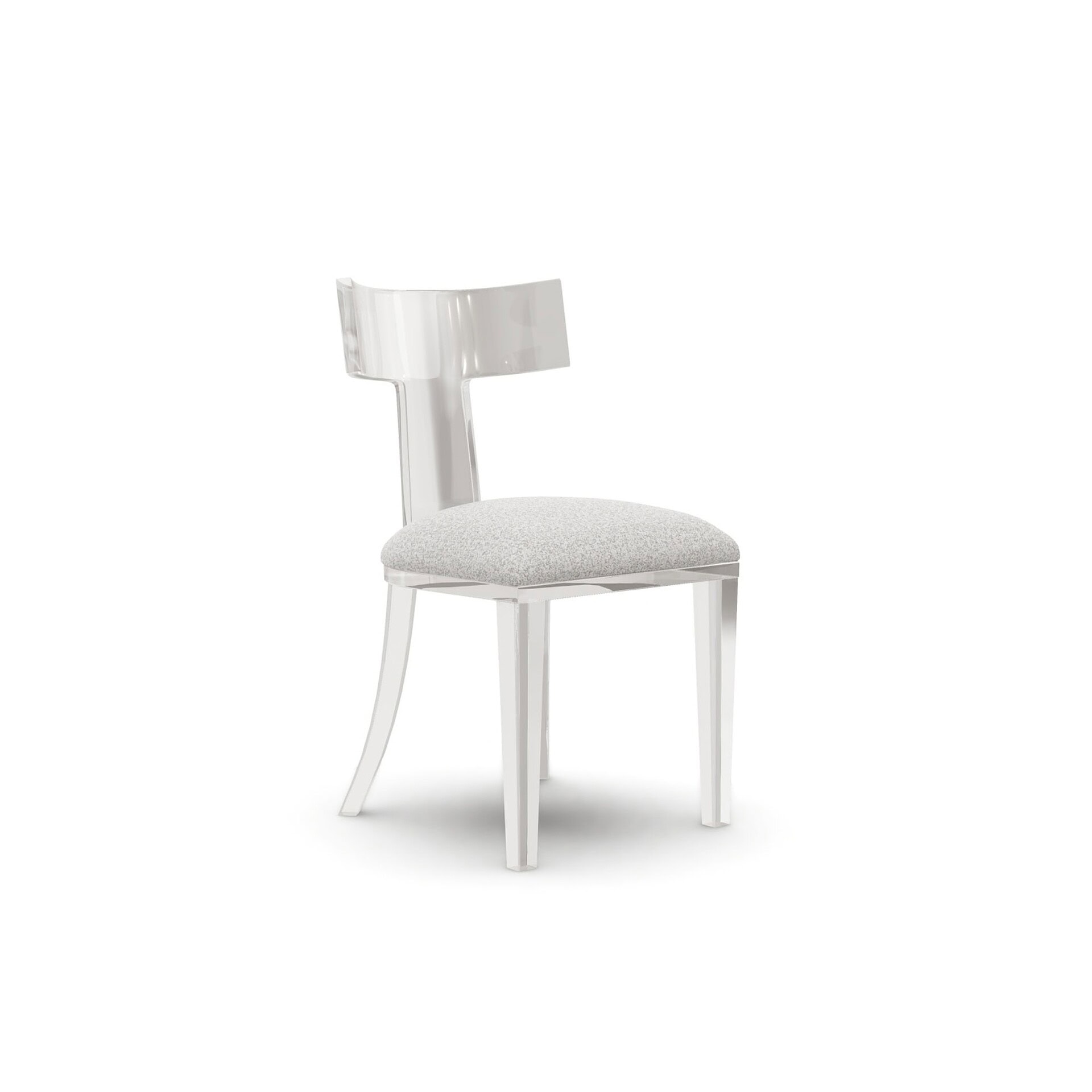 Tristan Acrylic Klismos Chair with clear acrylic frame and ivory upholstered seat in a clean, minimal style.