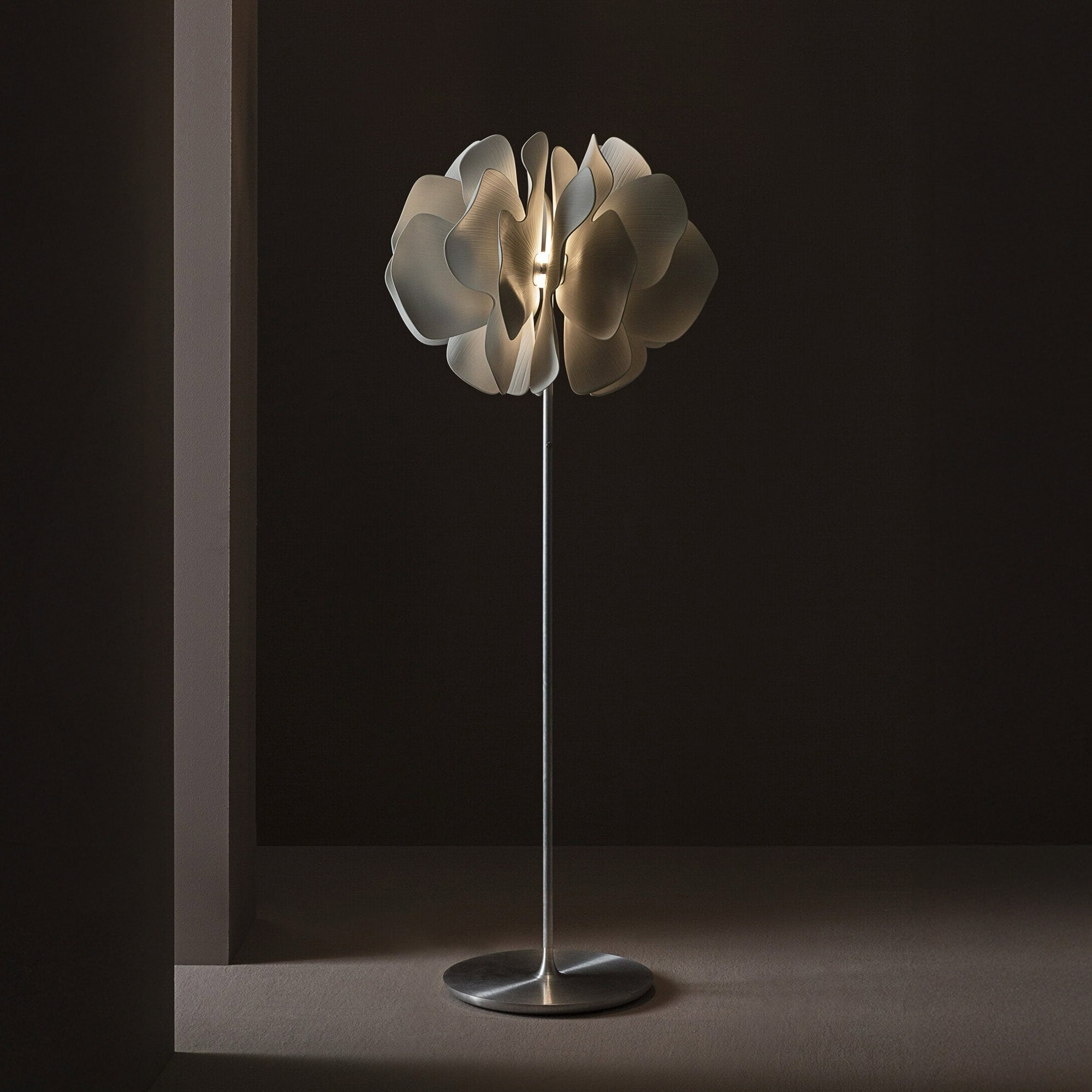 Nightbloom Floor Lamp, matte porcelain, lit view in dark room