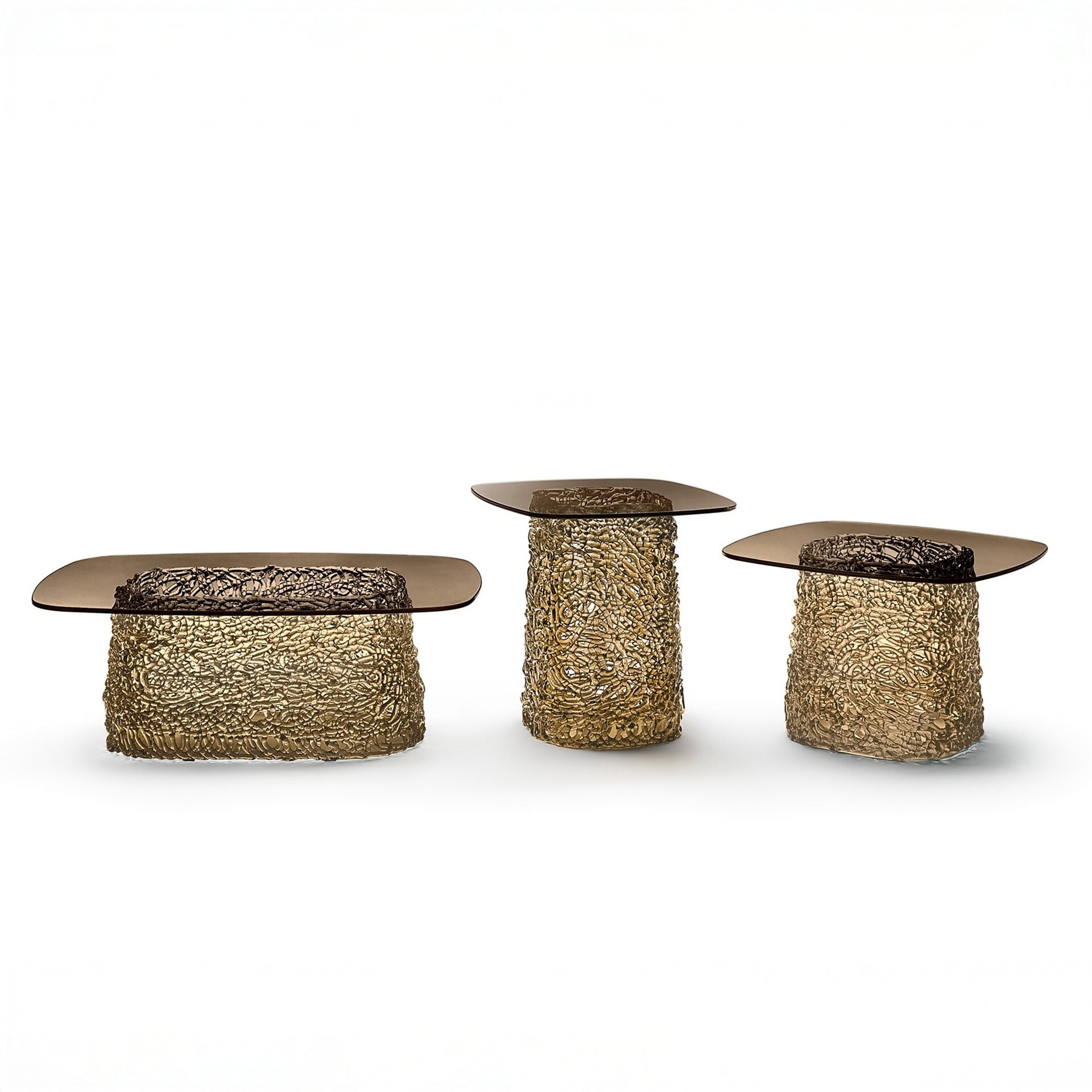Macramè Coffee Tables in bronze glass finish in various sizes, studio product grouping