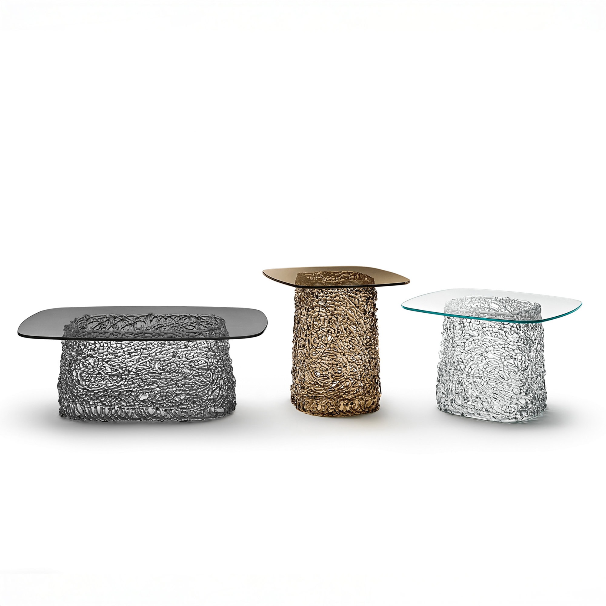 Macramè Coffee Tables in extralight, bronze, and fumè grey glass finishes, group view
